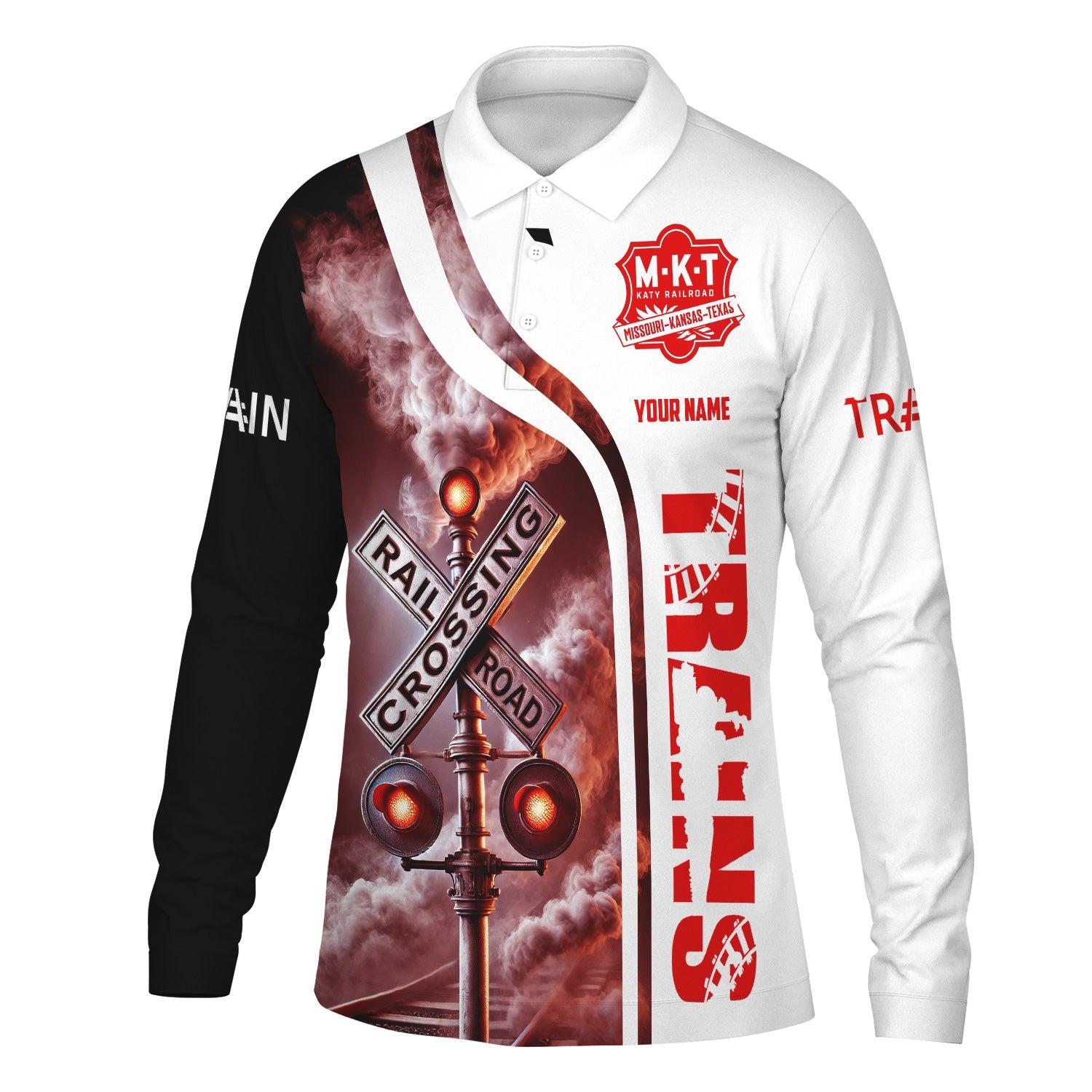 Railspirit Custom Name Katy Railroad Long Sleeve Polo Shirt Railroad Crossing Sign Printed Shirt