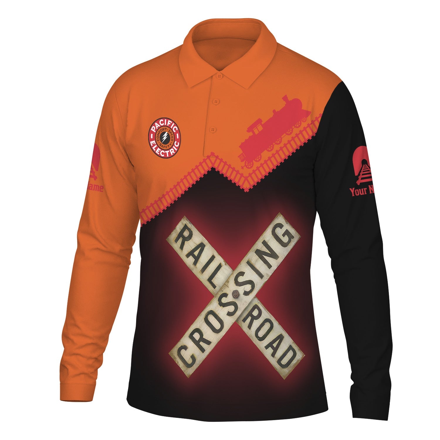 Railspirit Custom Name Pacific Electric Railroad Long Sleeve Polo Shirt Railroad Crossing Printed Train Track Shirt