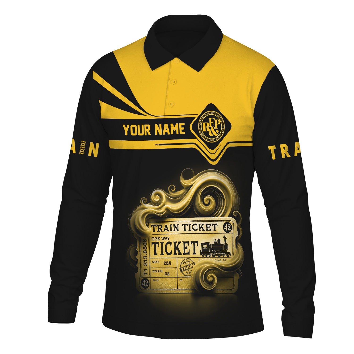 Railspirit Custom Name Richmond, Fredericksburg And Potomac Railroad Long Sleeve Polo Shirt Train Ticket Printed Shirt