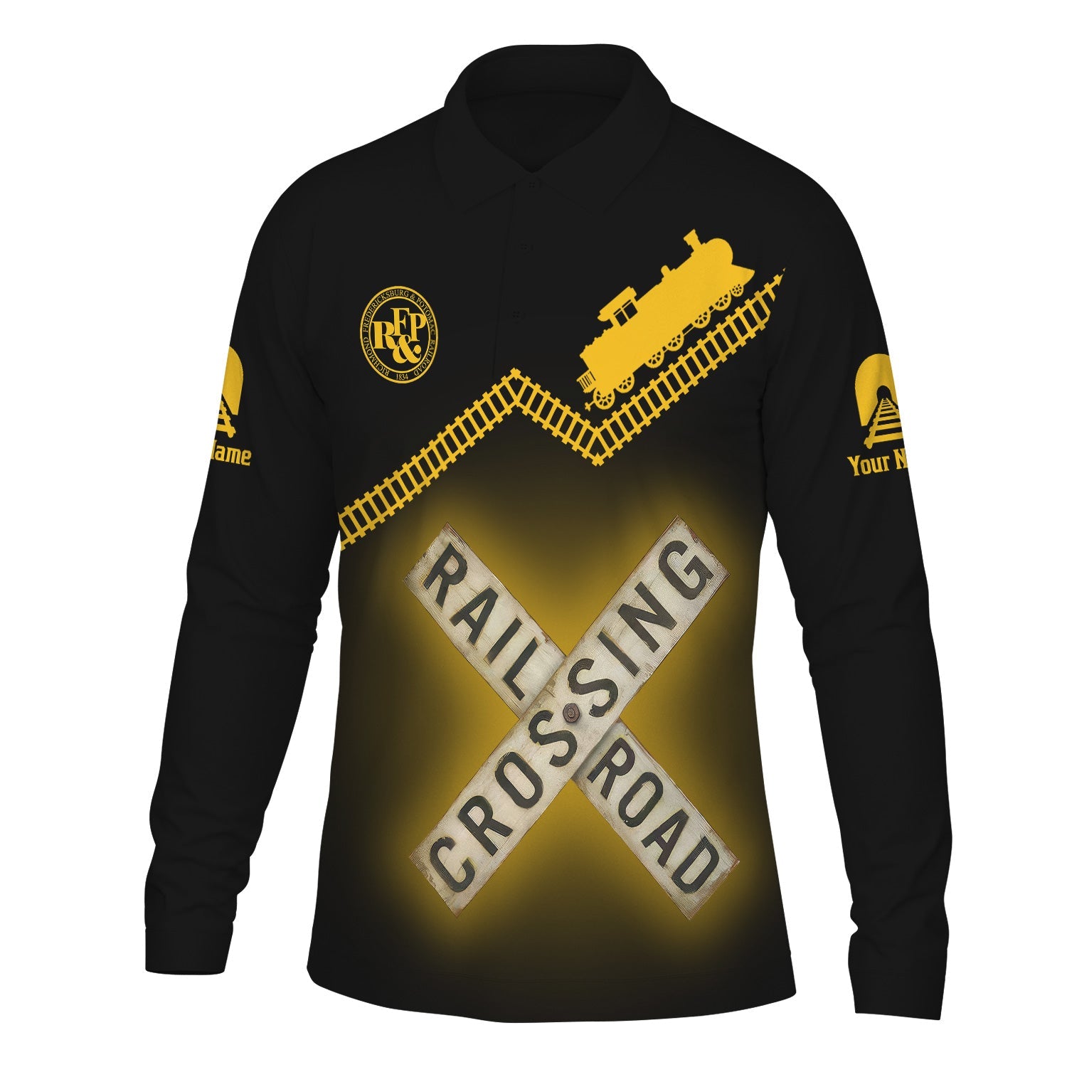 Railspirit Custom Name Richmond, Fredericksburg And Potomac Railroad Long Sleeve Polo Shirt Railroad Crossing Printed Train Track Shirt
