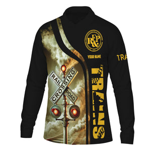 Railspirit Custom Name Richmond, Fredericksburg And Potomac Railroad Long Sleeve Polo Shirt Railroad Crossing Sign Printed Shirt