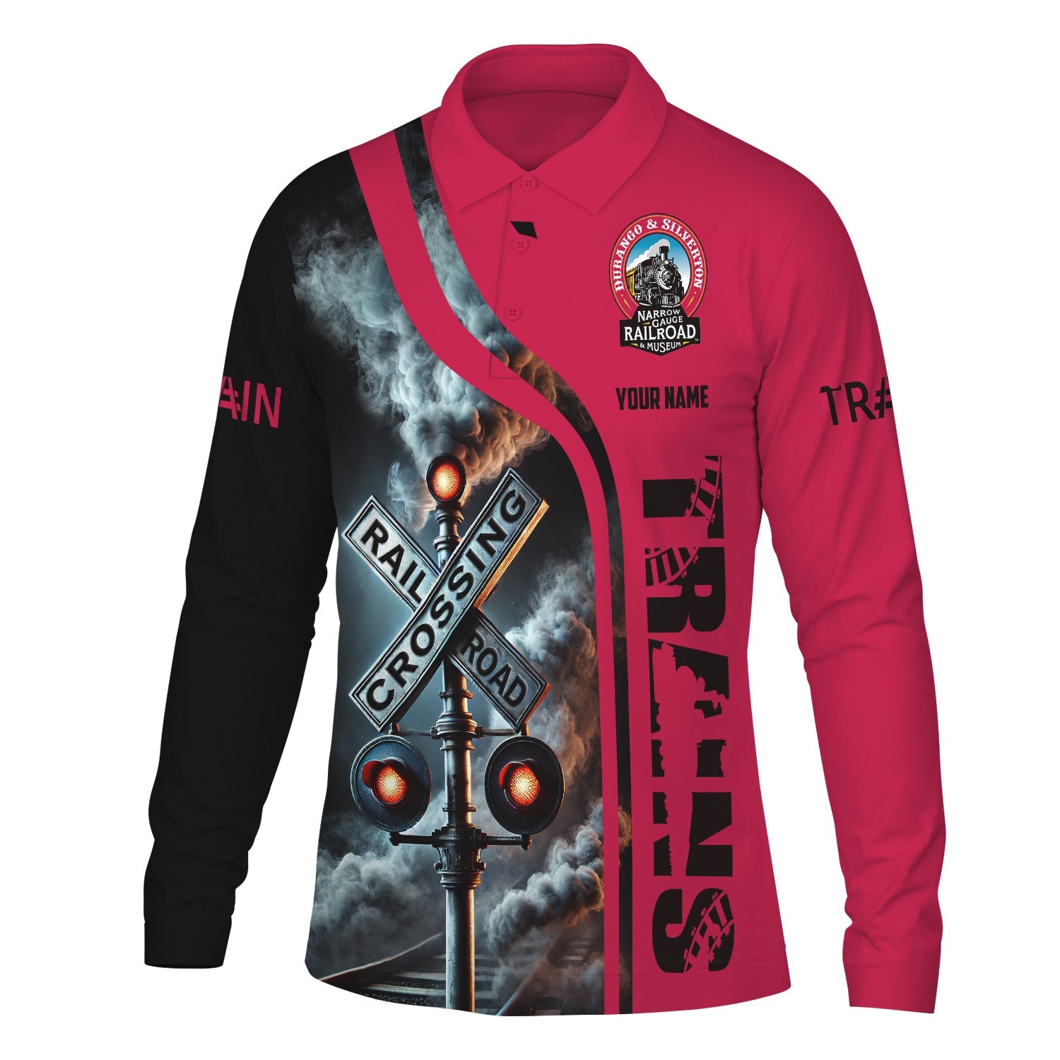 Railspirit Custom Name Durango And Silverton Narrow Gauge Railroad Long Sleeve Polo Shirt Railroad Crossing Sign Printed Shirt