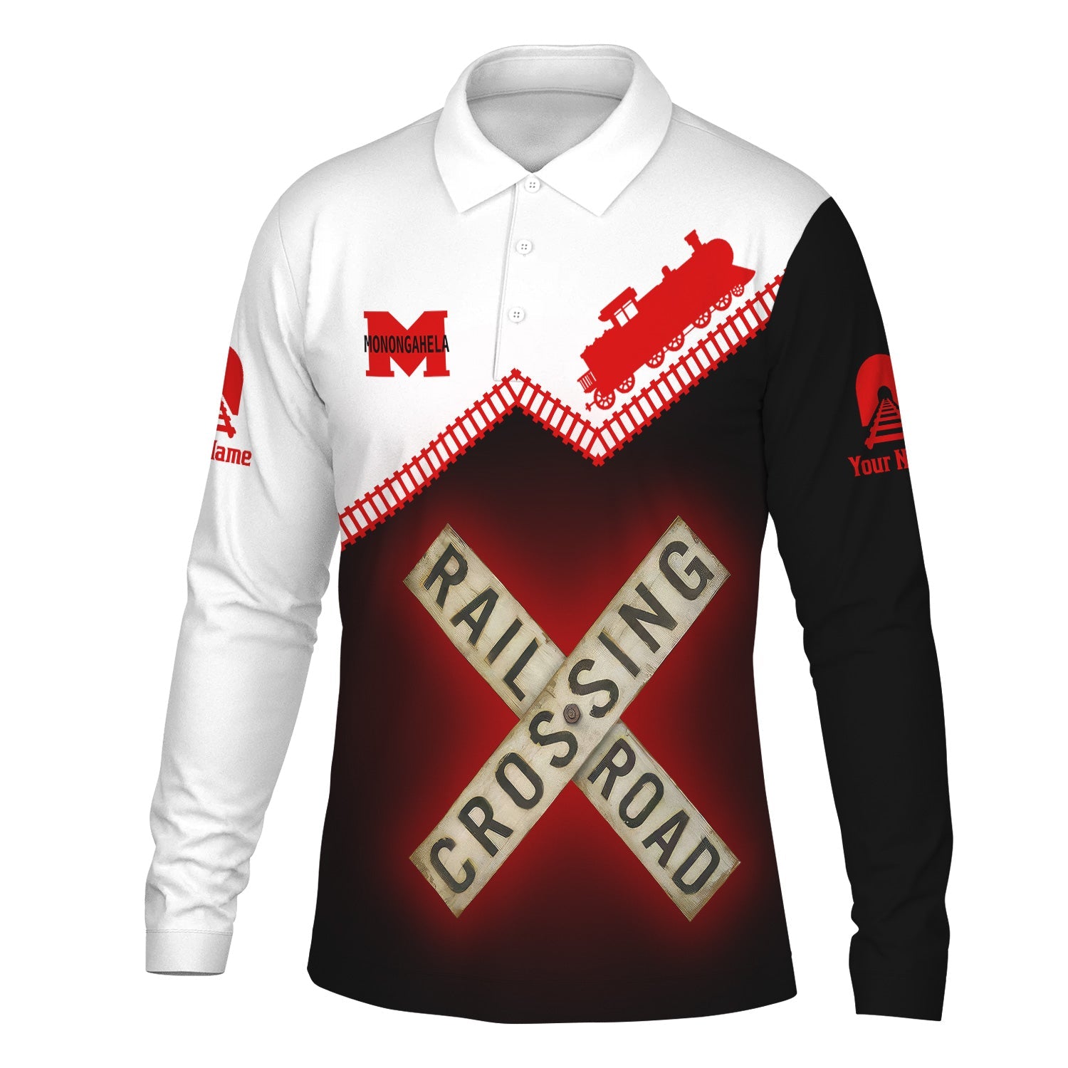 Railspirit Custom Name Monongahela Railroad Long Sleeve Polo Shirt Railroad Crossing Printed Train Track Shirt