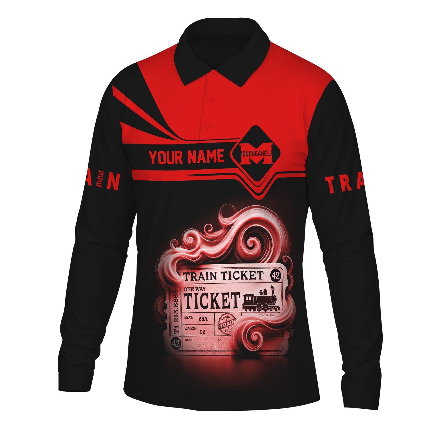 Railspirit Custom Name Monongahela Railroad Long Sleeve Polo Shirt Train Ticket Printed Shirt