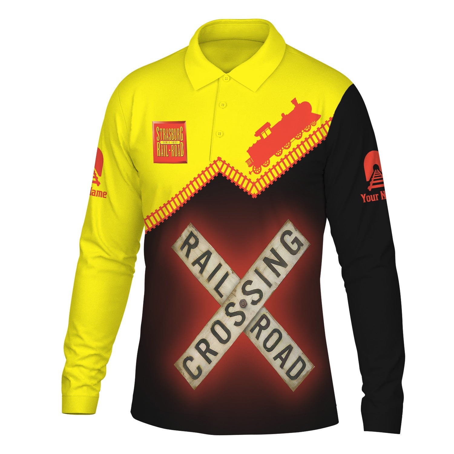 Railspirit Custom Name Strasburg Railroad Long Sleeve Polo Shirt Railroad Crossing Printed Train Track Shirt