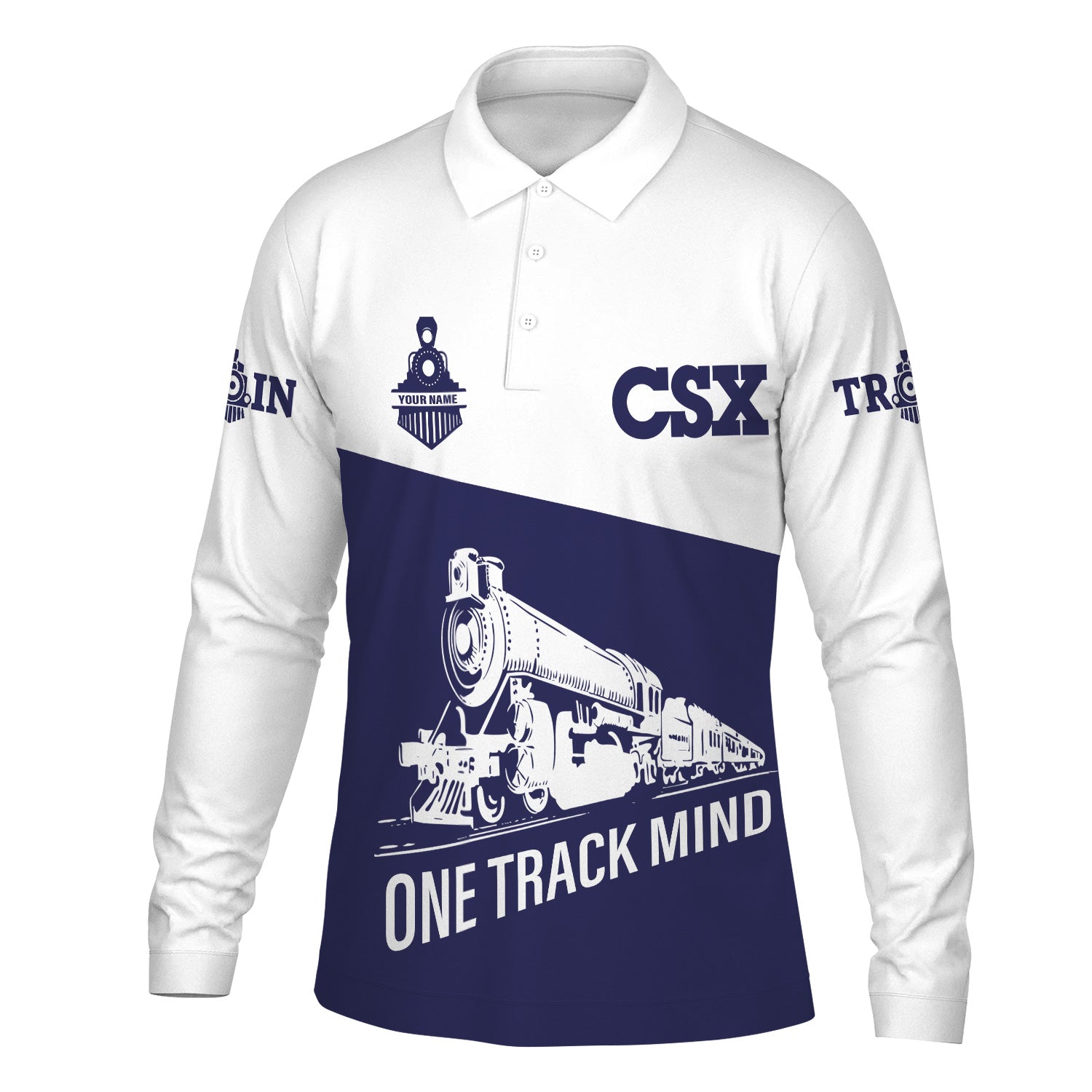 Railspirit Custom Name CSX Transportation Railroad Long Sleeve Polo Shirt One Track Mind Printed Shirt