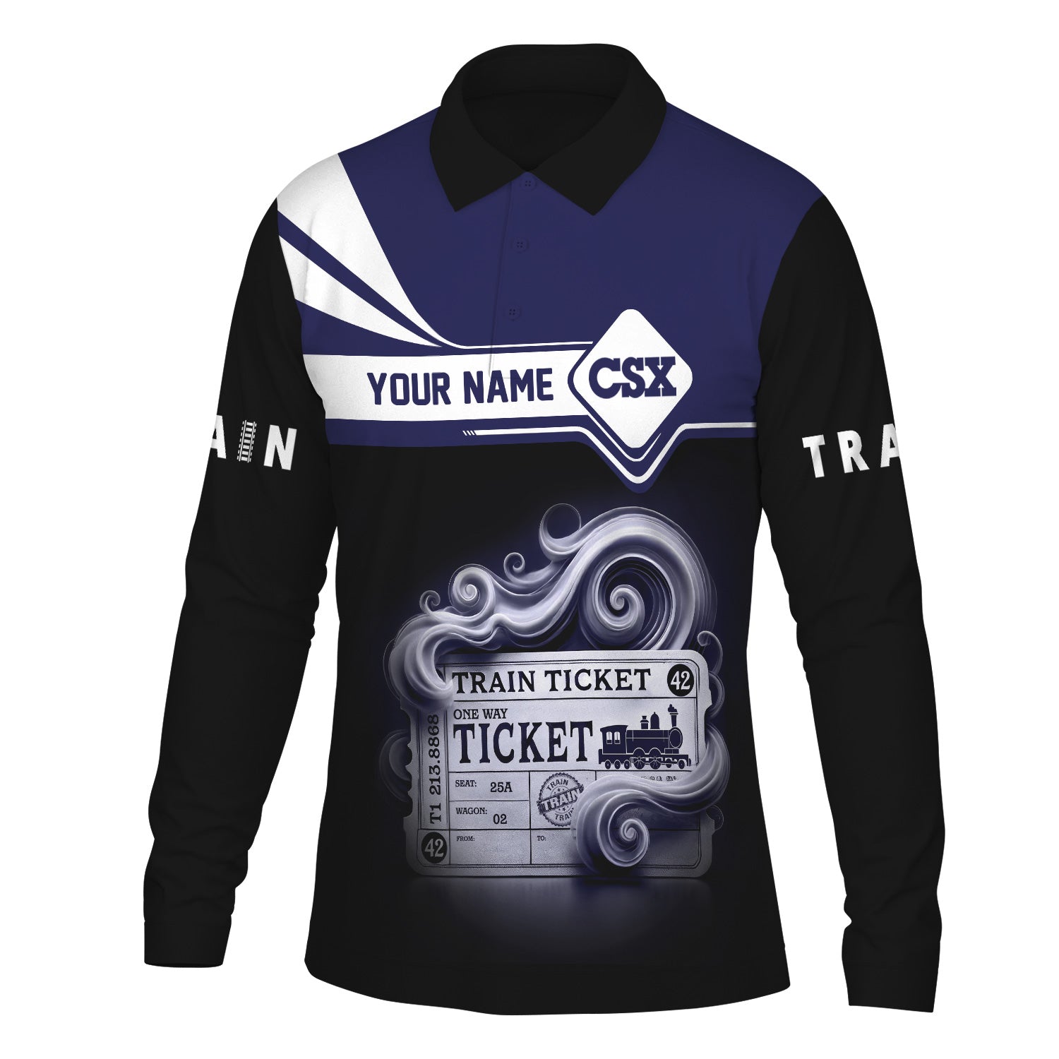 Railspirit Custom Name CSX Transportation Railroad Long Sleeve Polo Shirt Train Ticket Printed Shirt