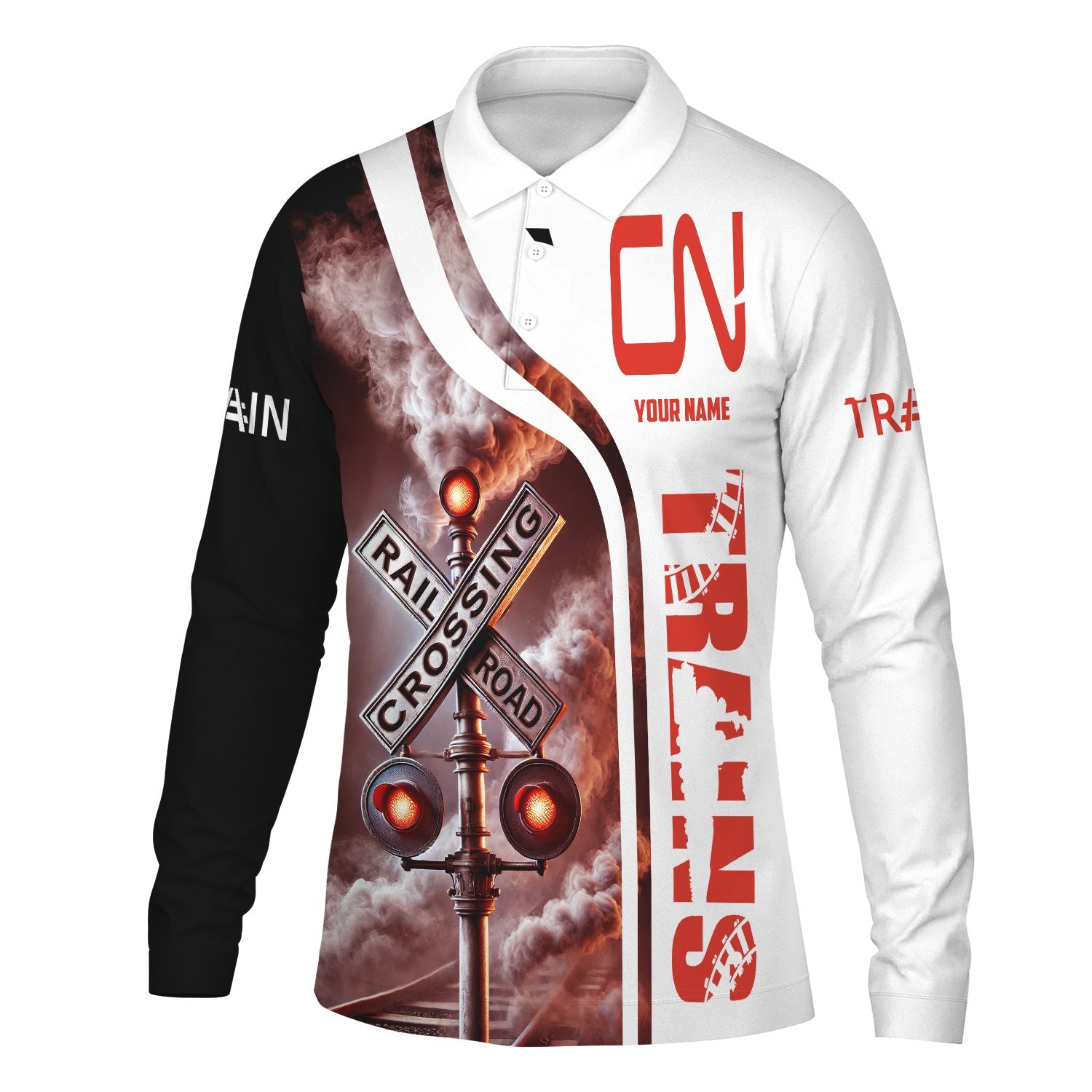 Railspirit Custom Name Canadian National Railroad Long Sleeve Polo Shirt Railroad Crossing Sign Printed Shirt