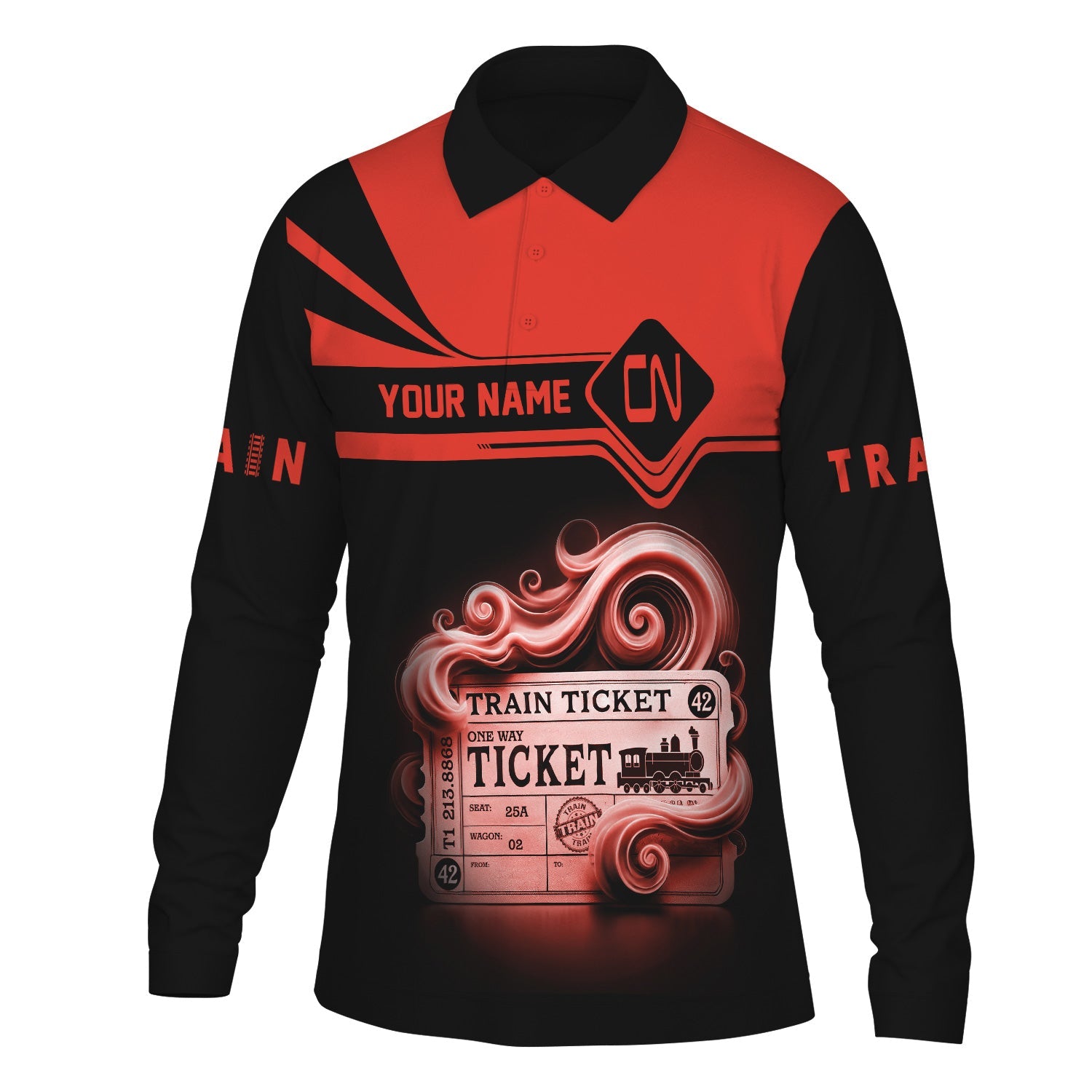 Railspirit Custom Name Canadian National Railroad Long Sleeve Polo Shirt Train Ticket Printed Shirt