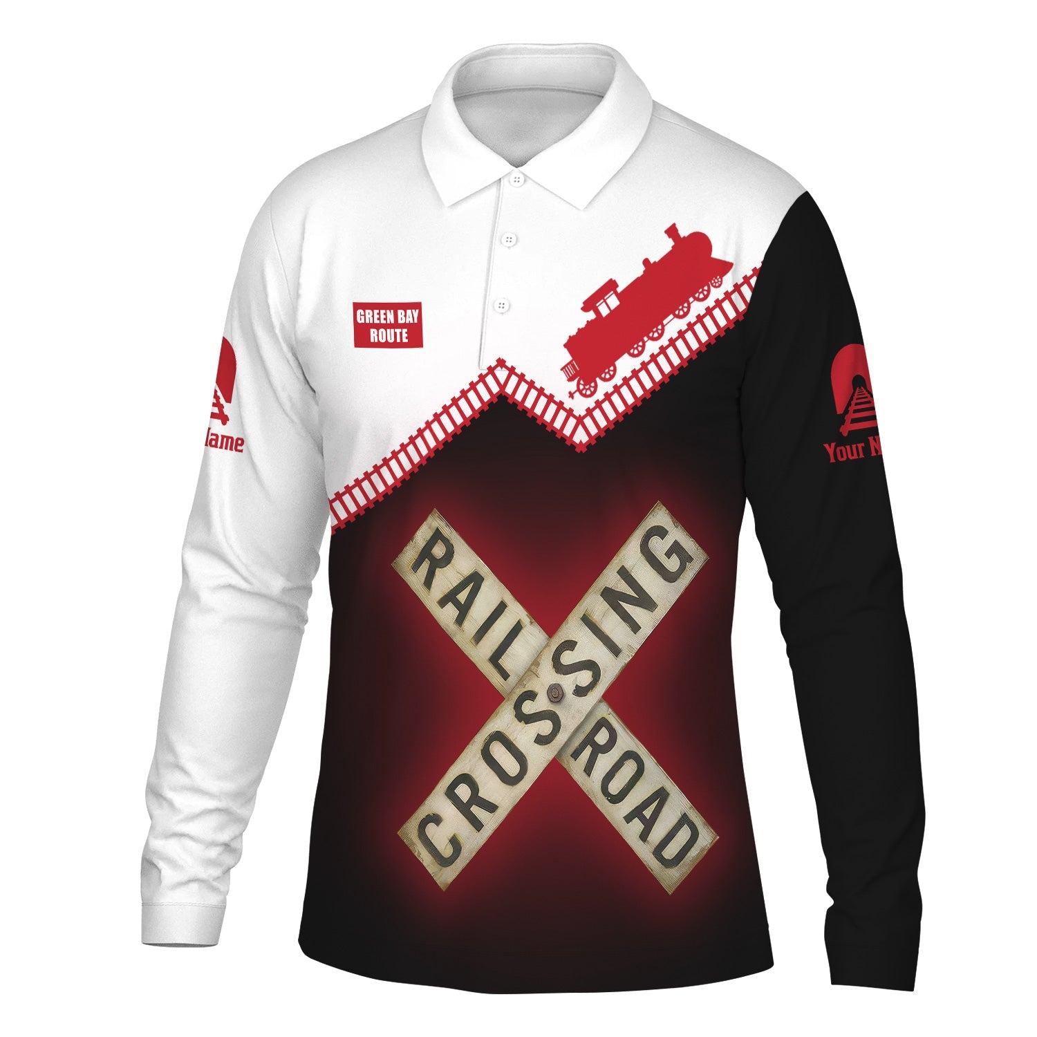 Railspirit Custom Name Green Bay & Western Railroad Long Sleeve Polo Shirt Railroad Crossing Printed Train Track Shirt