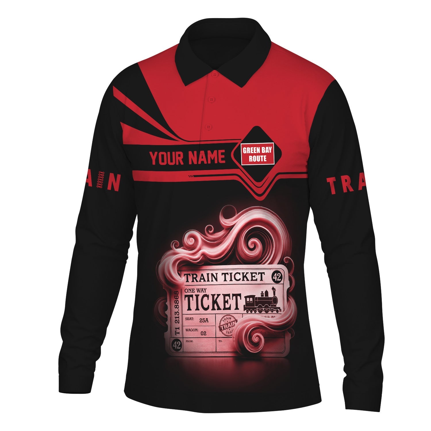 Railspirit Custom Name Green Bay & Western Railroad Long Sleeve Polo Shirt Train Ticket Printed Shirt
