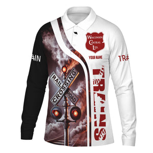 Railspirit Custom Name Wisconsin Central Ltd Railroad Long Sleeve Polo Shirt Railroad Crossing Sign Printed Shirt