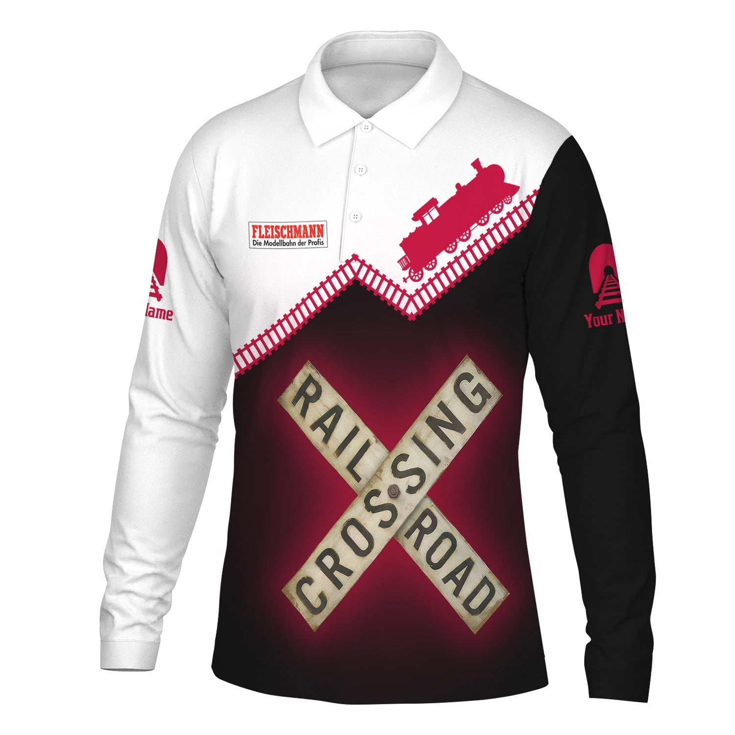 Railspirit Custom Name Fleischmann And Western Railroad Long Sleeve Polo Shirt Railroad Crossing Printed Train Track Shirt
