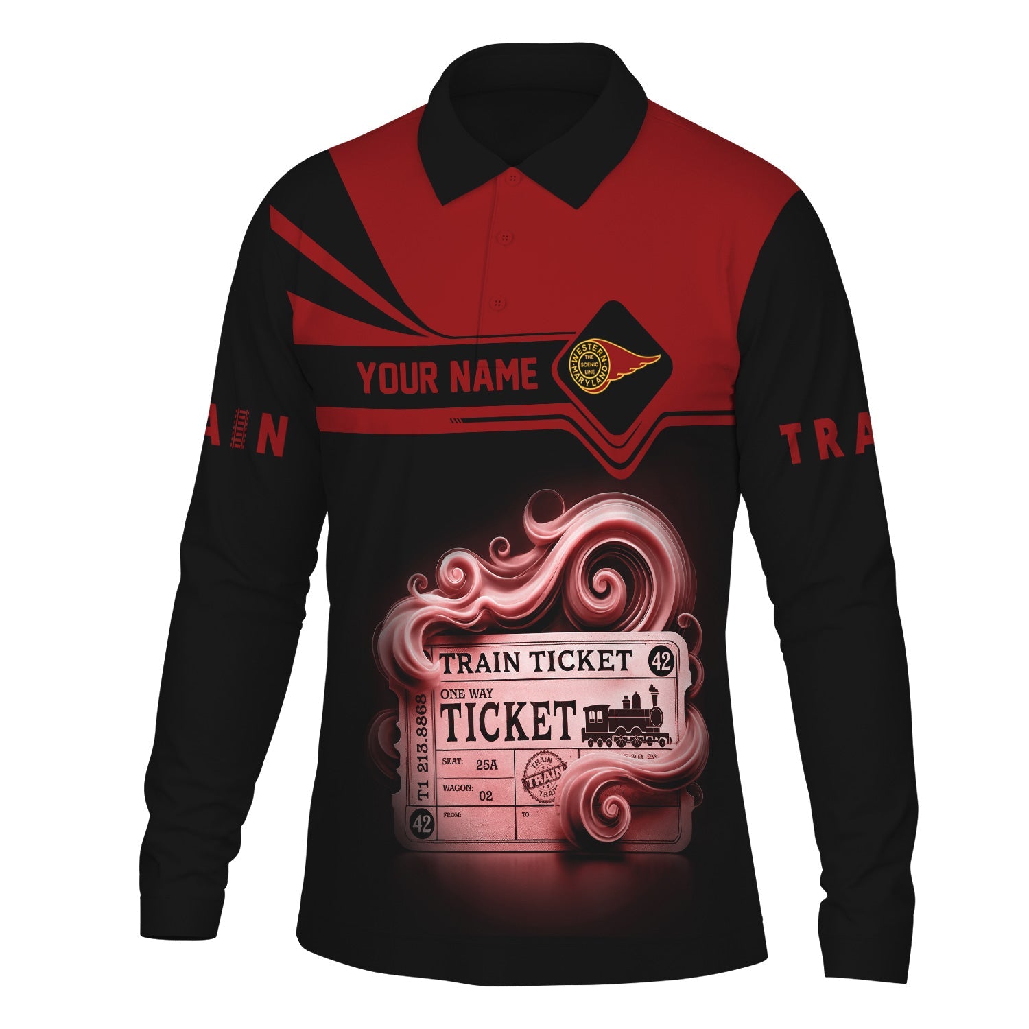 Railspirit Custom Name Western Maryland Railway Long Sleeve Polo Shirt Train Ticket Printed Shirt