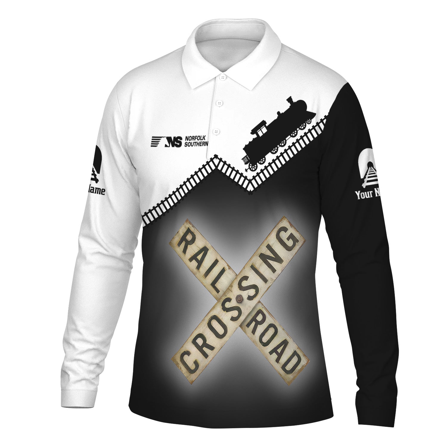 Railspirit Custom Name Norfolk Southern Railway Long Sleeve Polo Shirt Railroad Crossing Printed Train Track Shirt