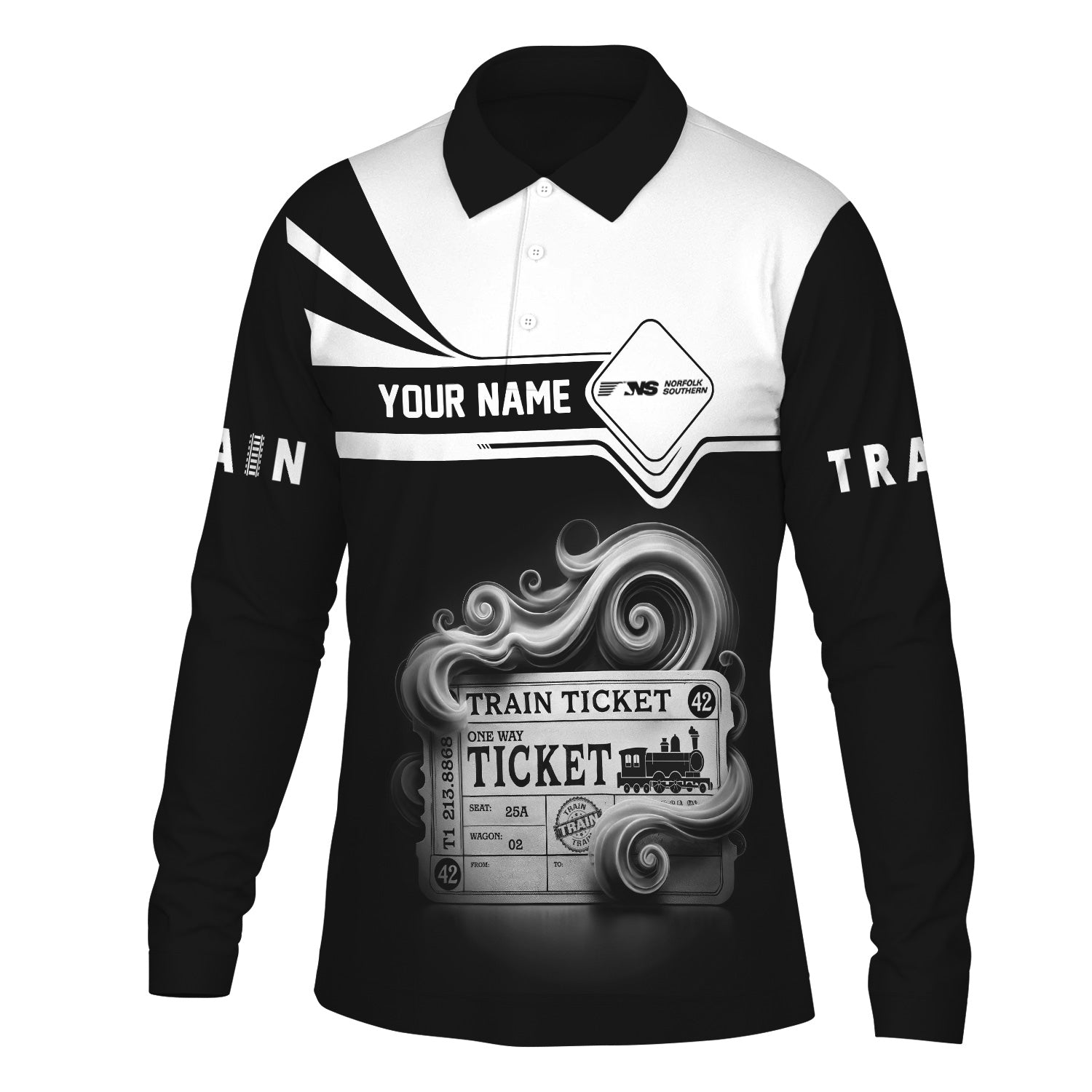 Railspirit Custom Name Norfolk Southern Railway Long Sleeve Polo Shirt Train Ticket Printed Shirt