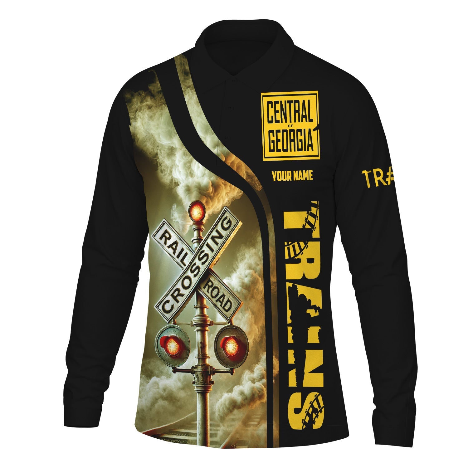 Railspirit Custom Name Central of Georgia Railway Long Sleeve Polo Shirt Railroad Crossing Sign Printed Shirt