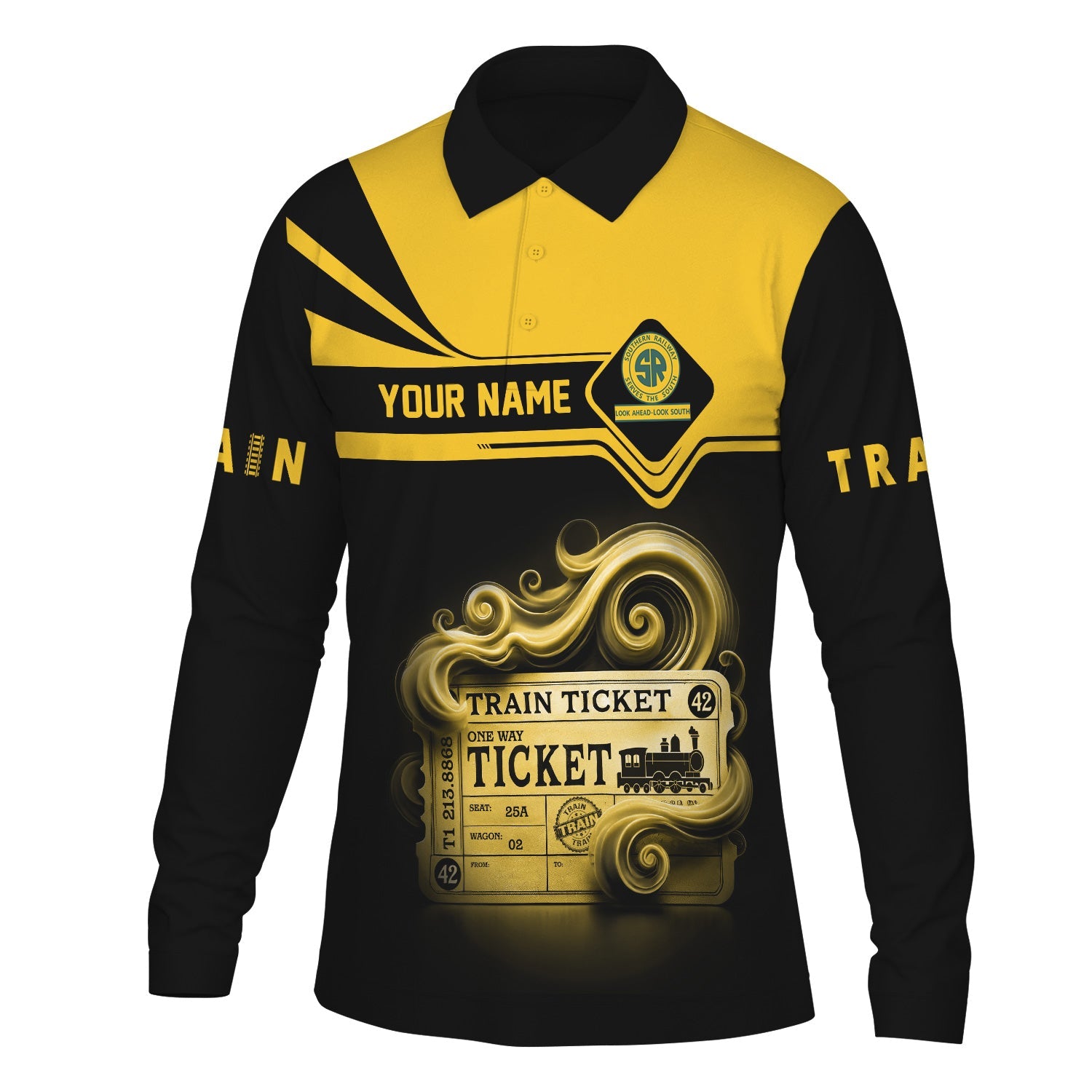 Railspirit Custom Name Southern Railway U.S Long Sleeve Polo Shirt Train Ticket SOU Printed Shirt