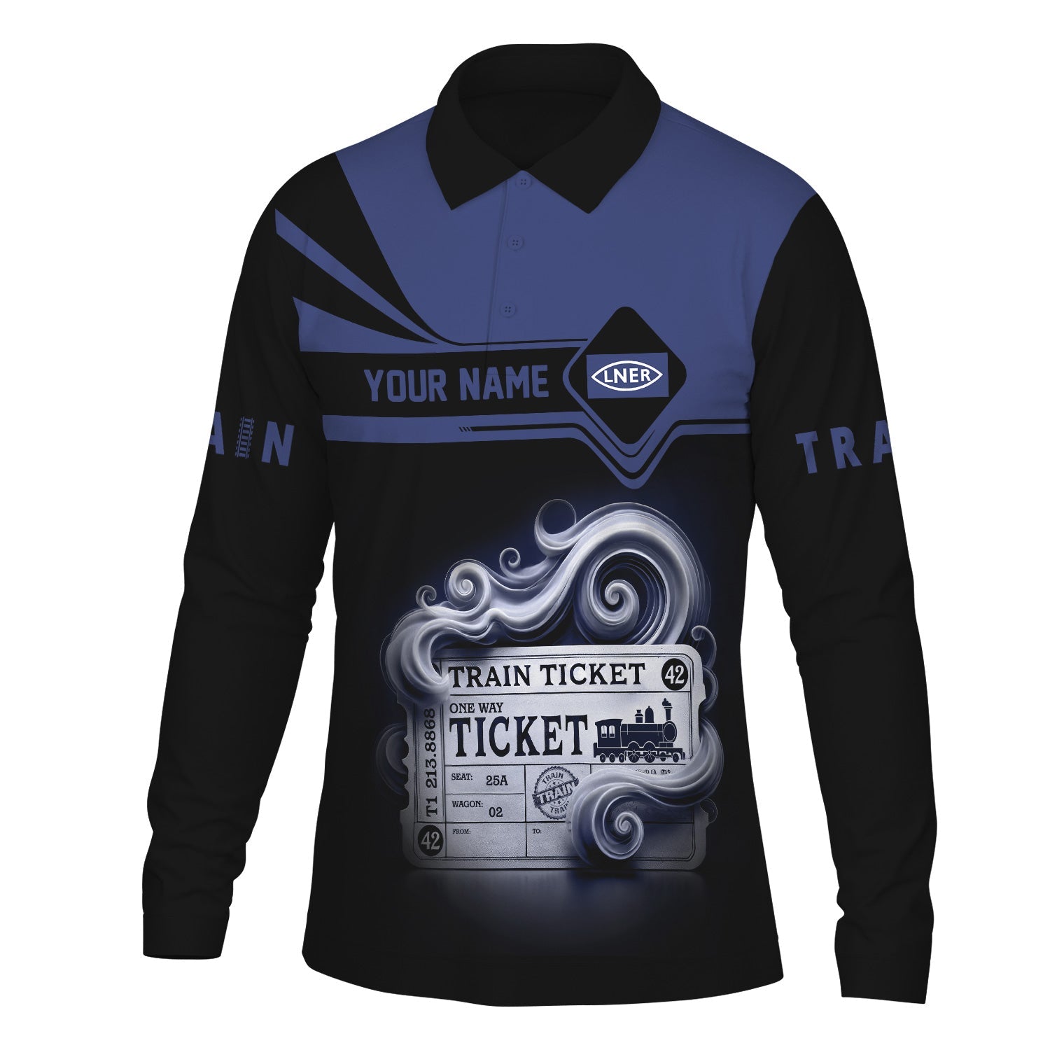 Railspirit Custom Name London and North Eastern Railway Long Sleeve Polo Shirt Train Ticket Printed Shirt