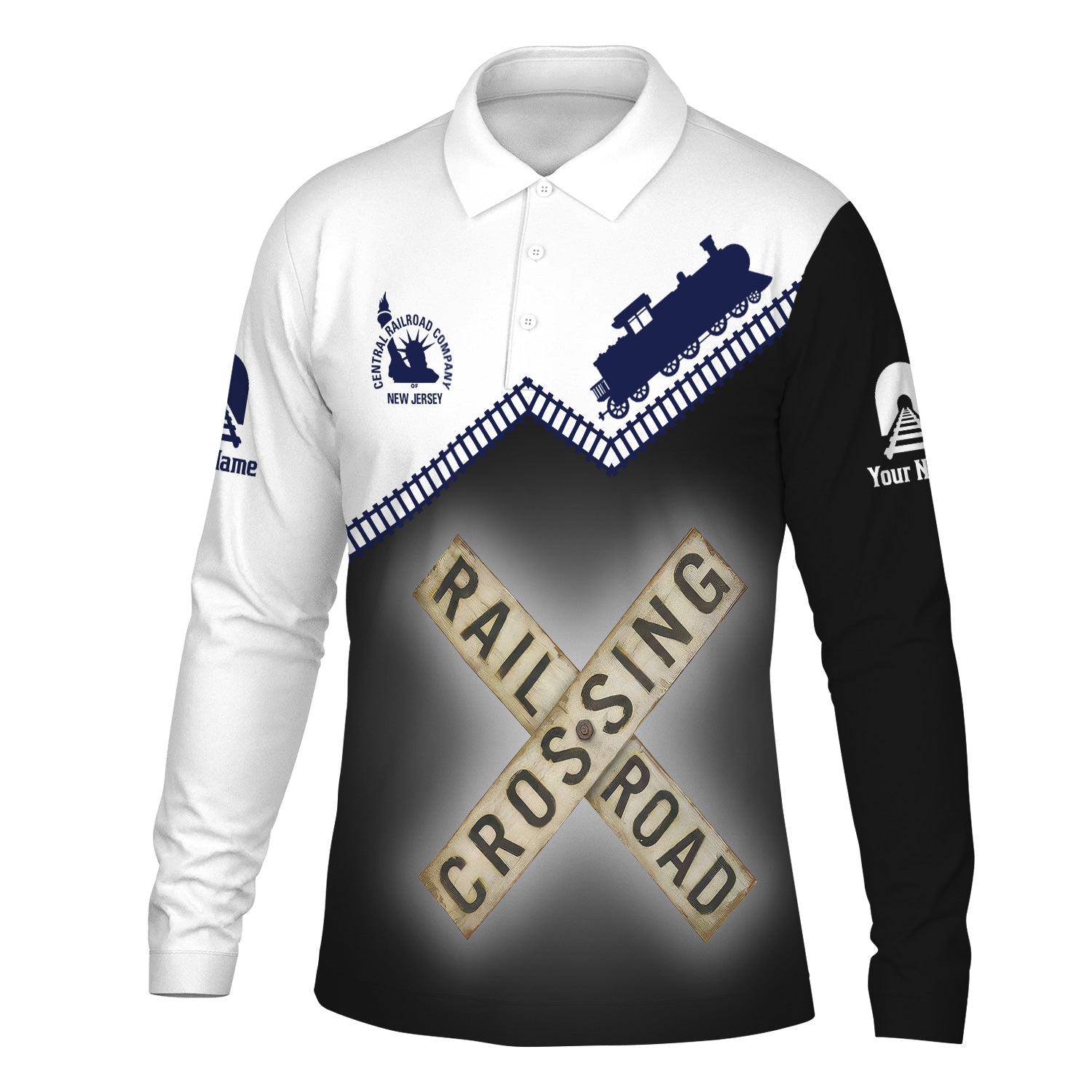 Railspirit Custom Name CNJ Jersey Central Railroad Long Sleeve Polo Shirt Railroad Crossing Printed Train Track Shirt