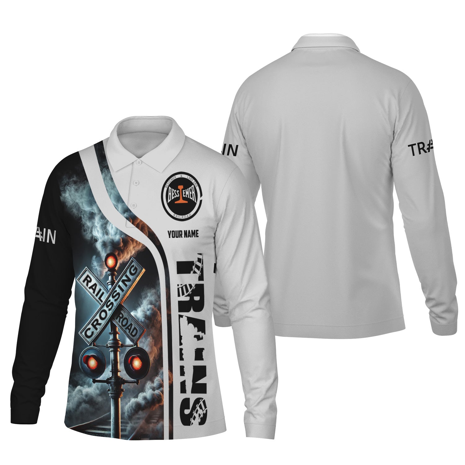 Railspirit Custom Name Bessemer And Lake Erie Railroad Long Sleeve Polo Shirt Railroad Crossing Sign Printed Shirt