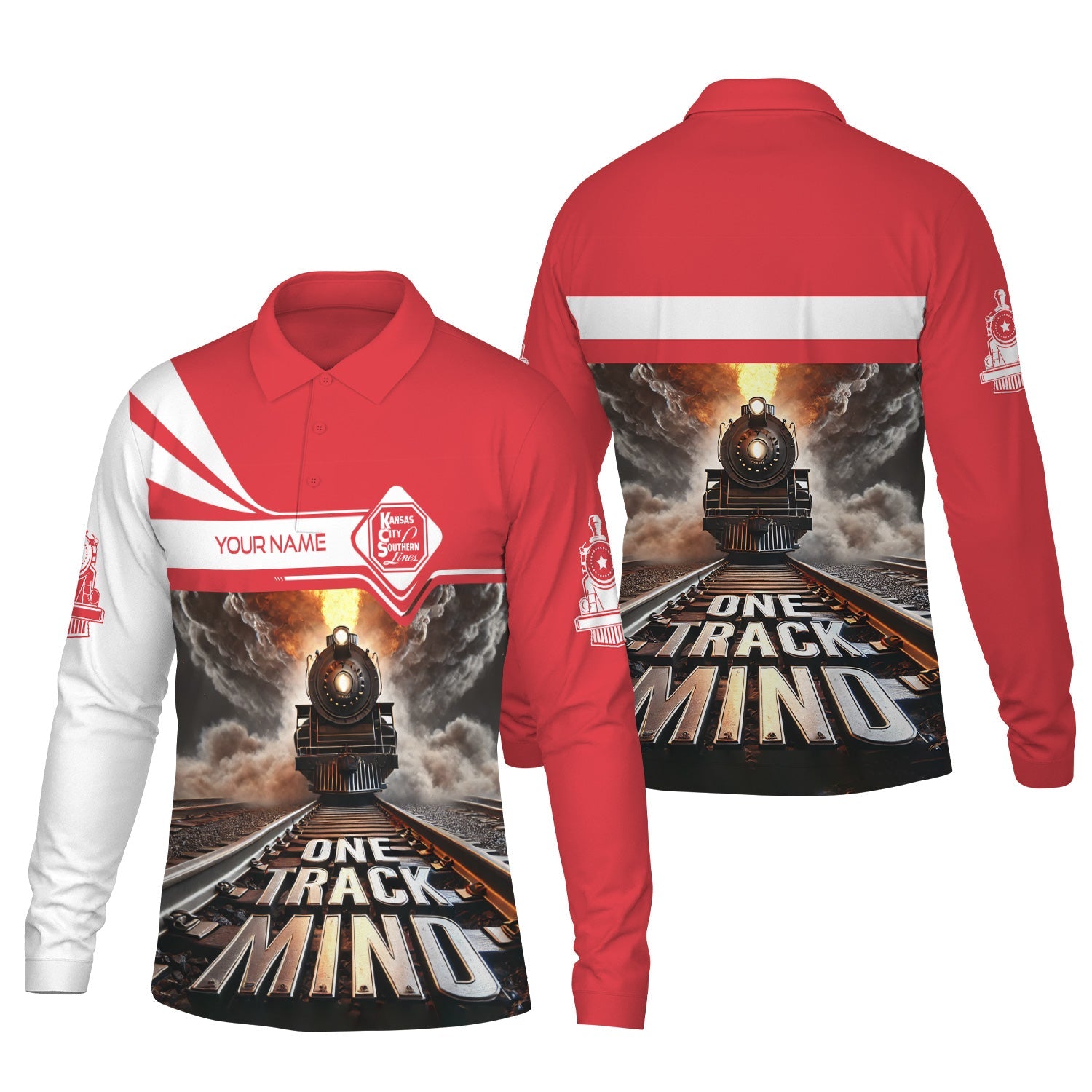 Railspirit Personalized Kansas City Southern Long Sleeve Polo Shirt One Track Mind Train Printed Shirt