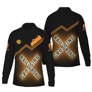 Railspirit Custom Name Genesee & Wyoming Inc. Railroad Long Sleeve Polo Shirt Railroad Crossing Printed Train Track Shirt