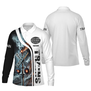 Railspirit Custom Name New York Central Railroad Long Sleeve Polo Shirt Railroad Crossing Sign Printed Shirt