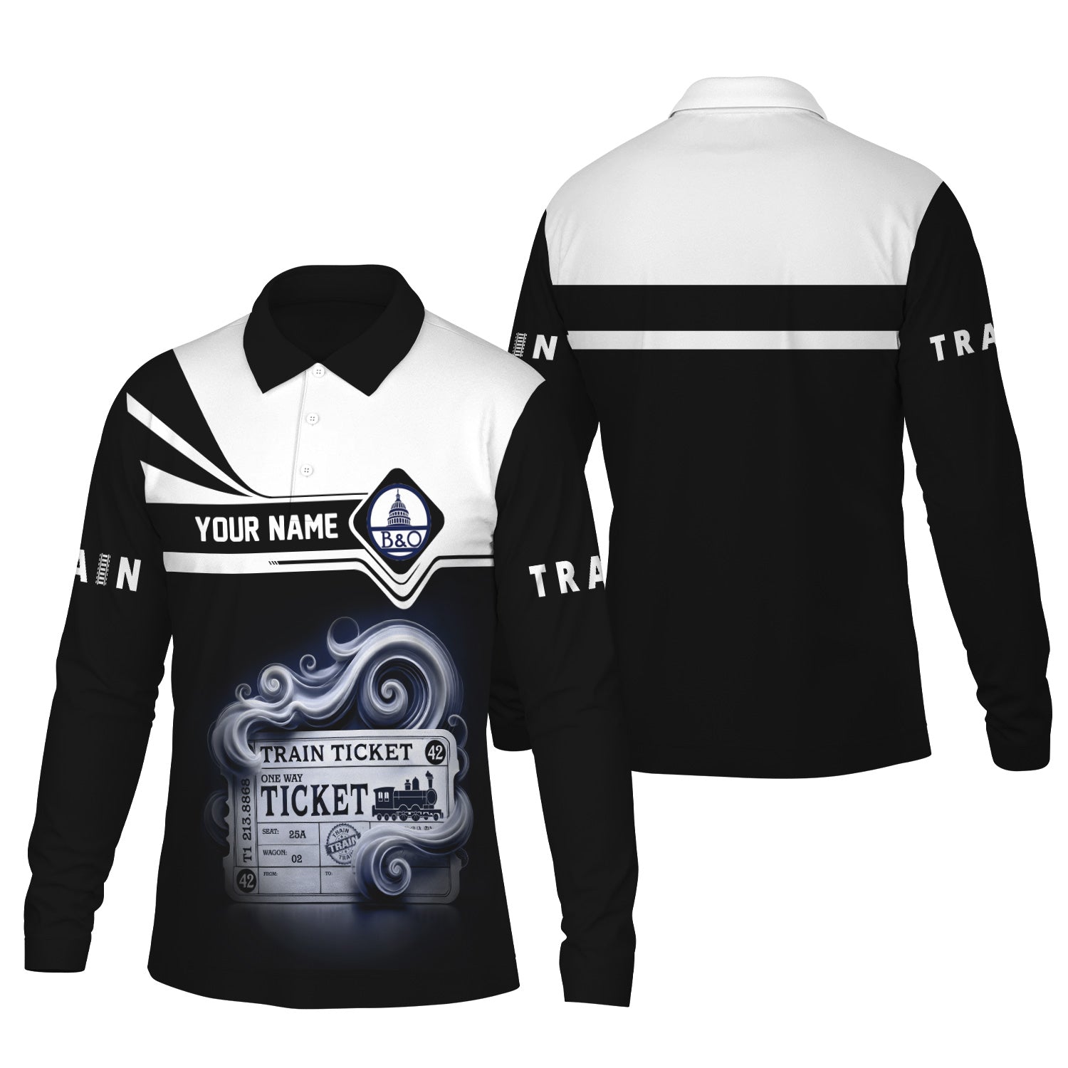 Railspirit Custom Name Baltimore and Ohio Railroad Long Sleeve Polo Shirt Train Ticket B&O Printed Shirt