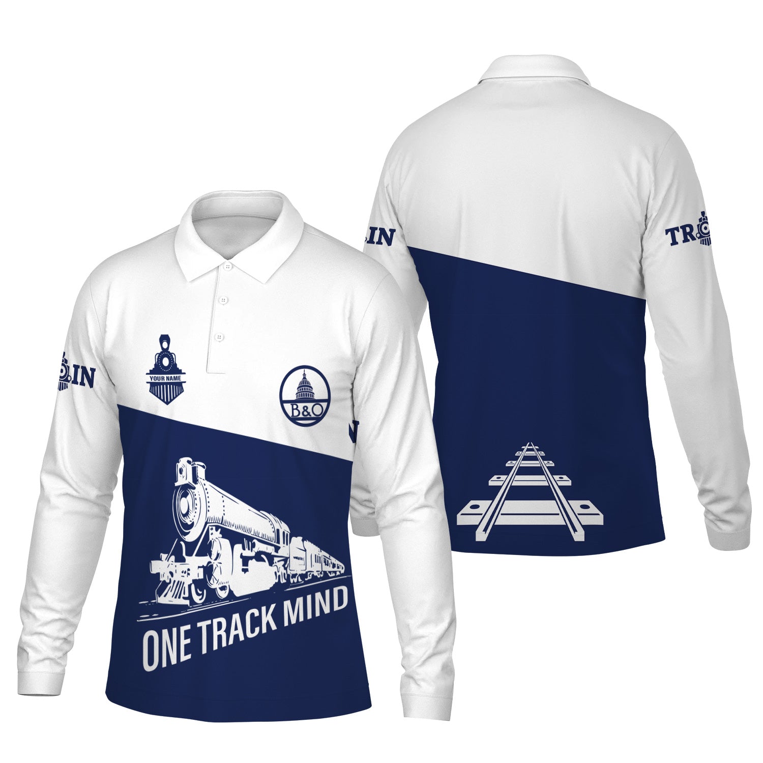 Railspirit Custom Name Baltimore and Ohio Railroad Long Sleeve Polo Shirt One Track Mind B&O Printed Shirt
