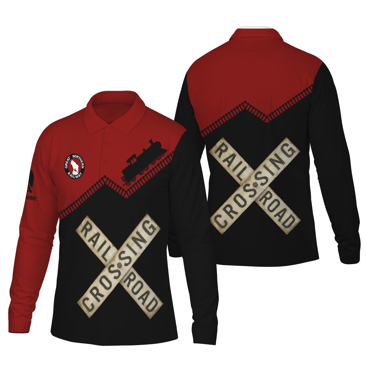 Railspirit Custom Name Great Northern Railway Long Sleeve Polo Shirt Railroad Crossing GNR Printed Train Track Shirt