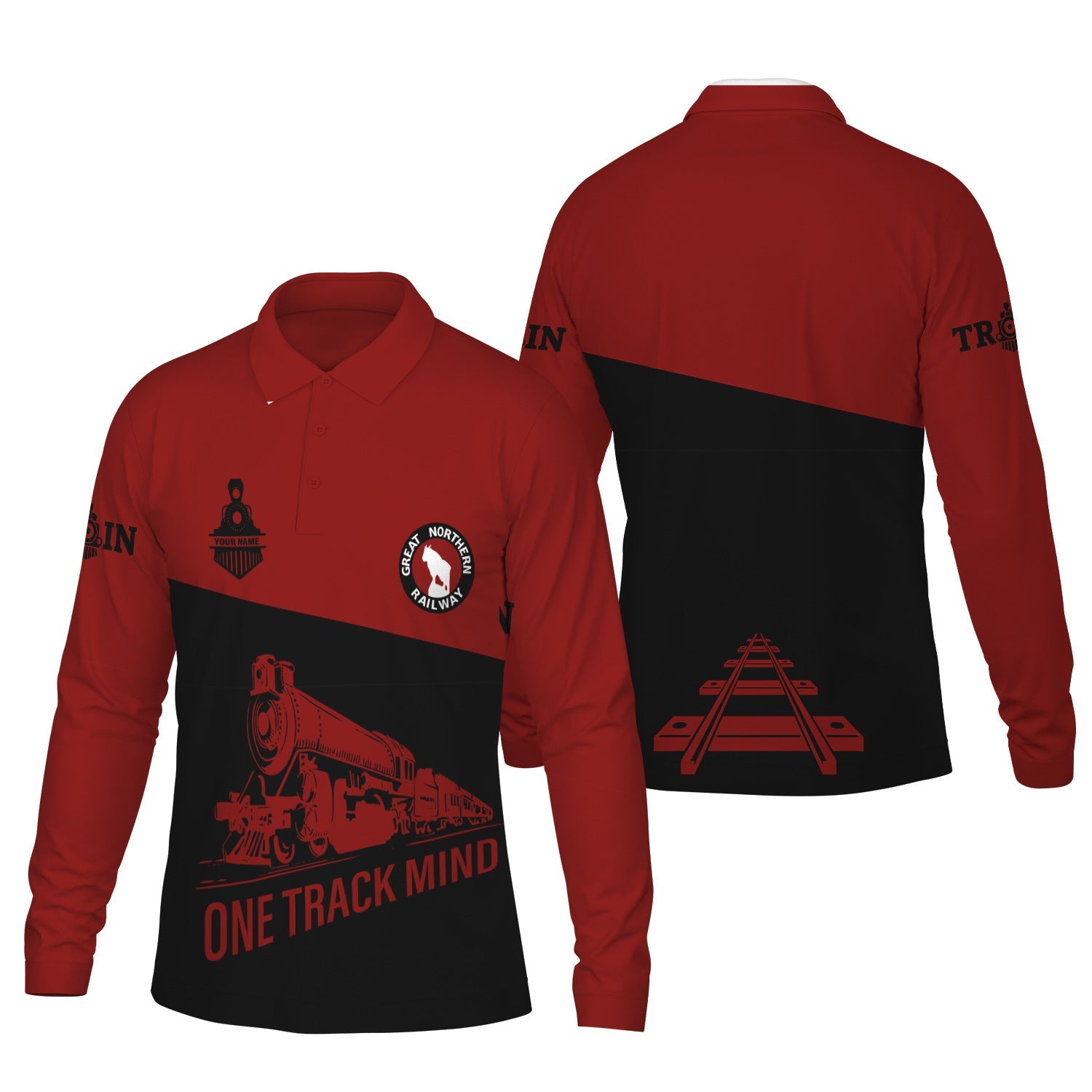 Railspirit Custom Name Great Northern Railway Long Sleeve Polo Shirt One Track Mind GNR Printed Shirt