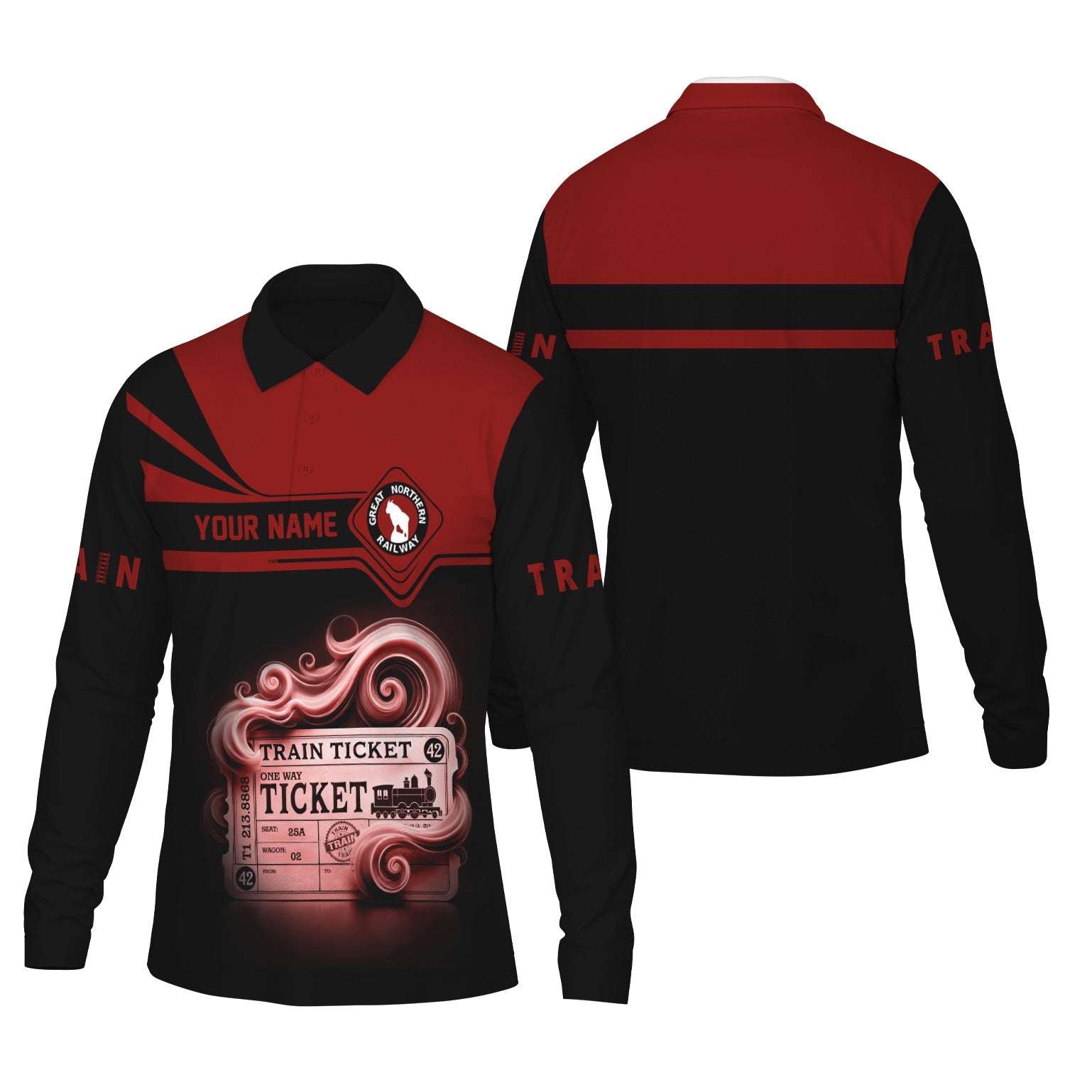 Railspirit Custom Name Great Northern Railway Long Sleeve Polo Shirt Train Ticket GNR Printed Shirt