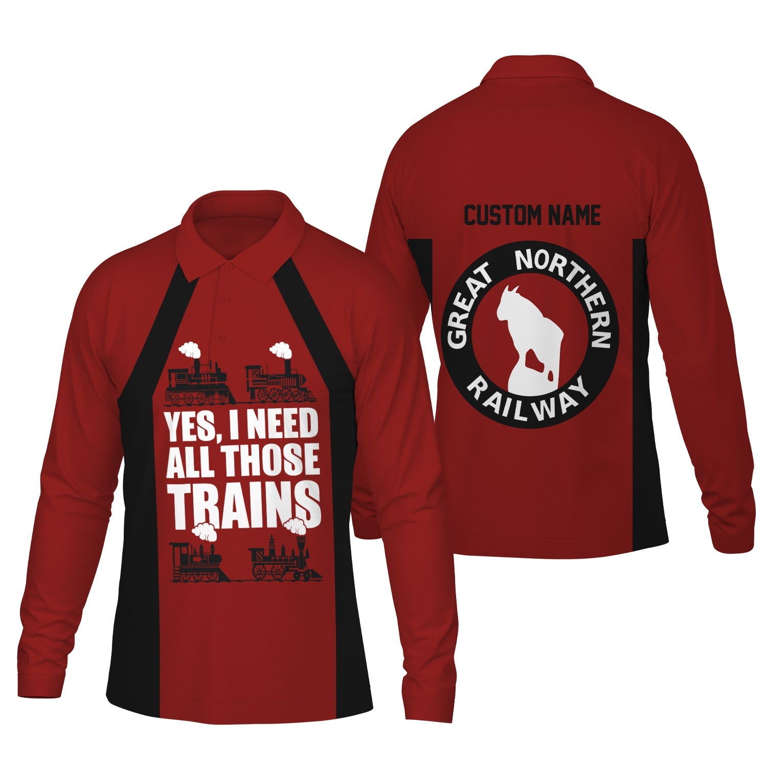 Railspirit Custom Name Great Northern Railway Long Sleeve Polo Shirt Yes I Need All Those Train GNR Printed Shirt