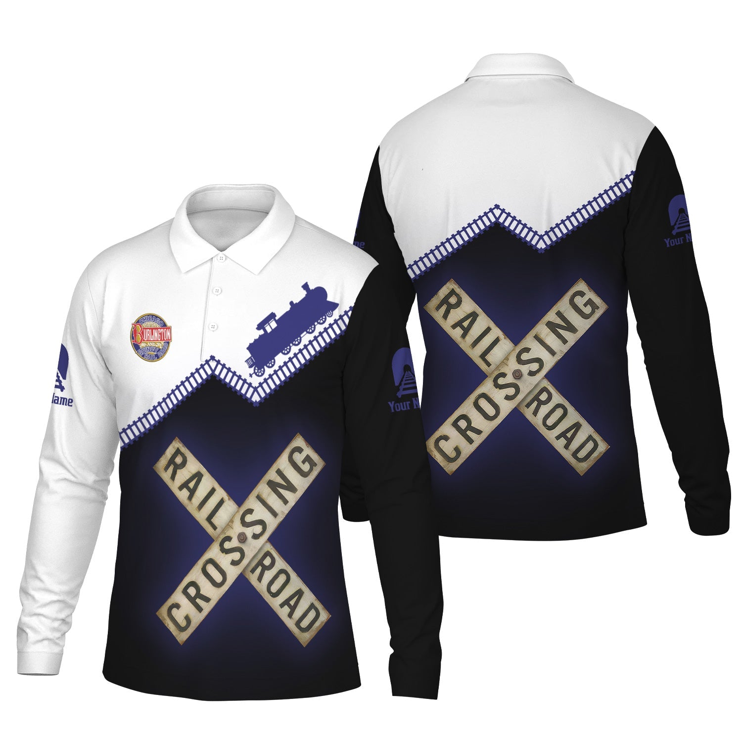 Railspirit Custom Name Chicago, Burlington and Quincy Railroad Long Sleeve Polo Shirt Railroad Crossing Printed Train Track Shirt