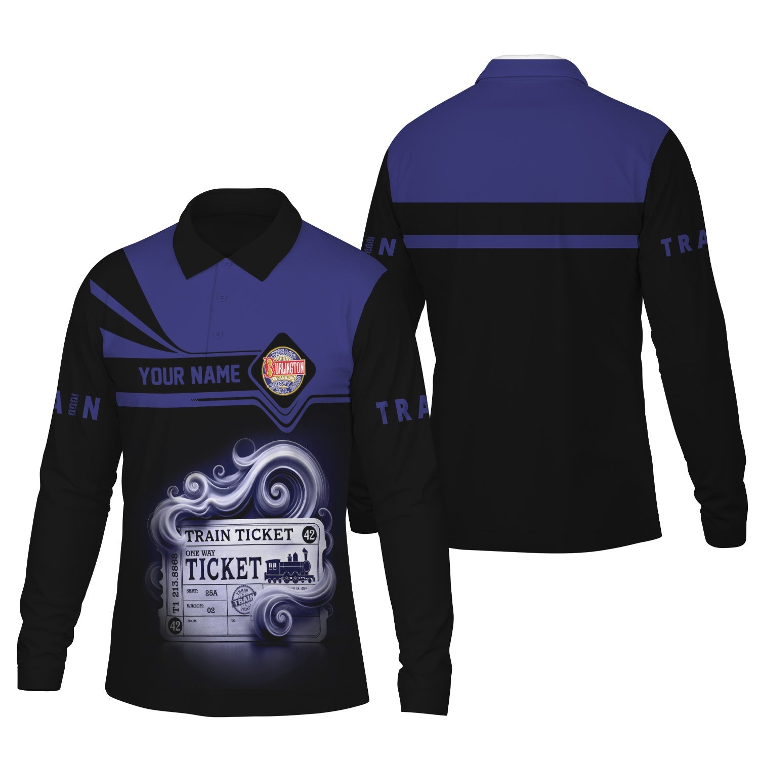 Railspirit Custom Name Chicago, Burlington and Quincy Railroad Long Sleeve Polo Shirt Train Ticket Printed Shirt
