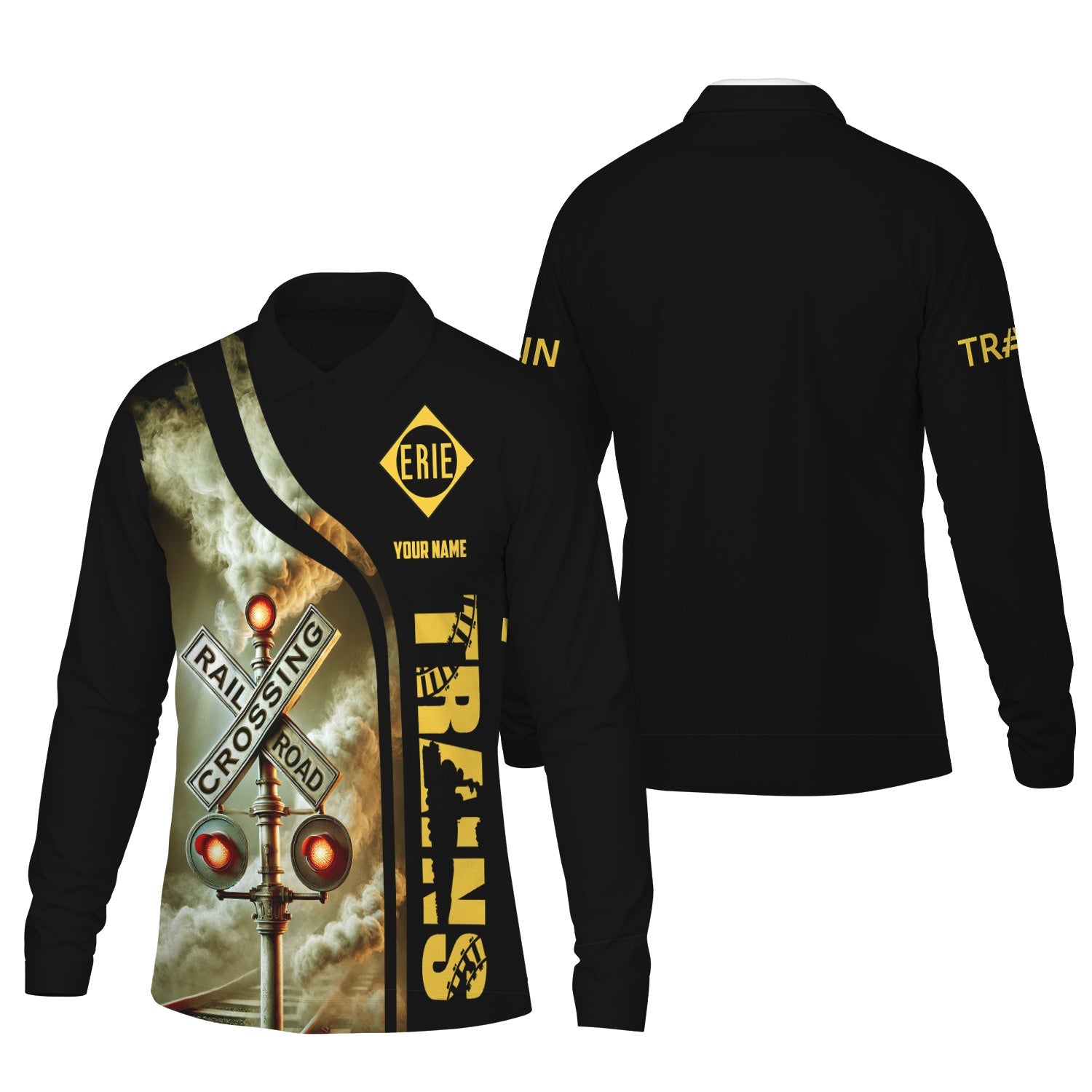 Railspirit Custom Name Erie Railroad Long Sleeve Polo Shirt Railroad Crossing Sign Printed Shirt