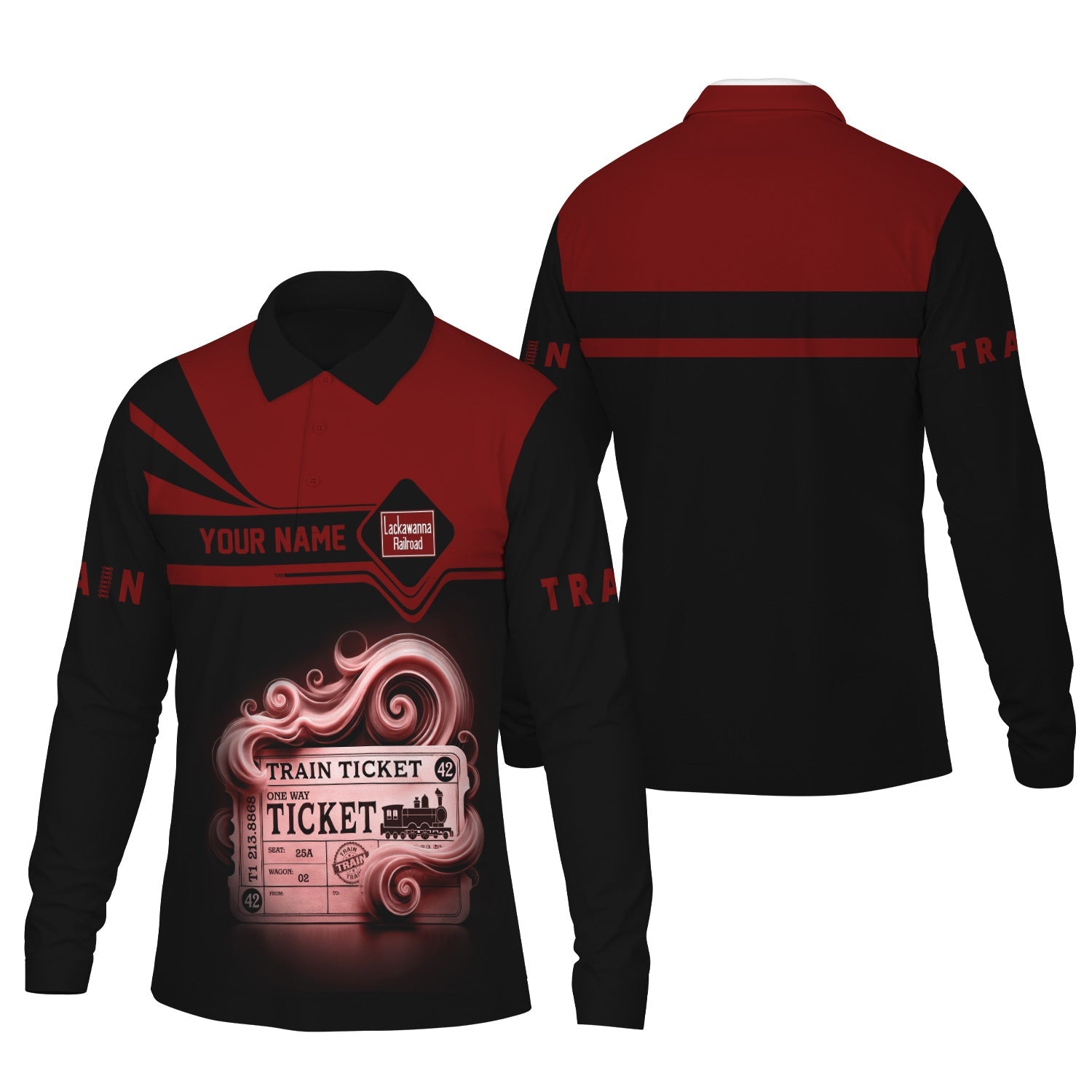 Railspirit Custom Name Delaware, Lackawanna and Western Railroad Long Sleeve Polo Shirt Train Ticket DL&W Printed Shirt