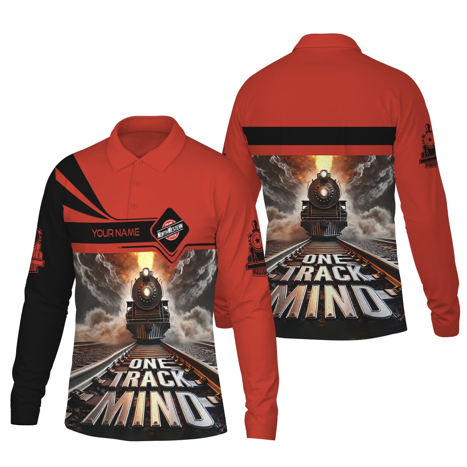 Railspirit Personalized Chicago and North Western Railway Long Sleeve Polo Shirt One Track Mind Train Printed Shirt