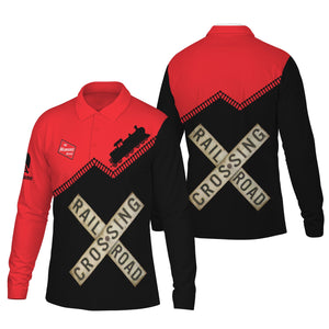 Railspirit Custom Name Chicago, Milwaukee, St. Paul and Pacific Railroad Long Sleeve Polo Shirt Railroad Crossing Milwaukee Road Printed Train Track Shirt