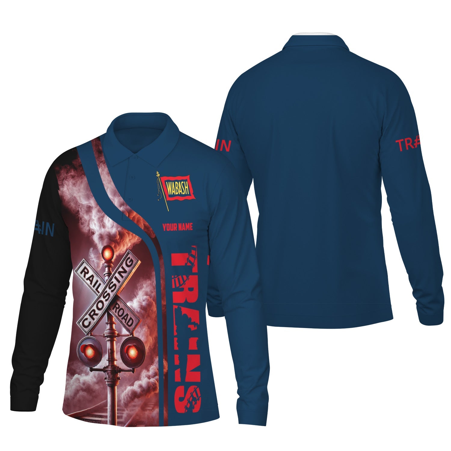 Railspirit Custom Name Wabash Railroad Long Sleeve Polo Shirt Railroad Crossing Sign Printed Shirt