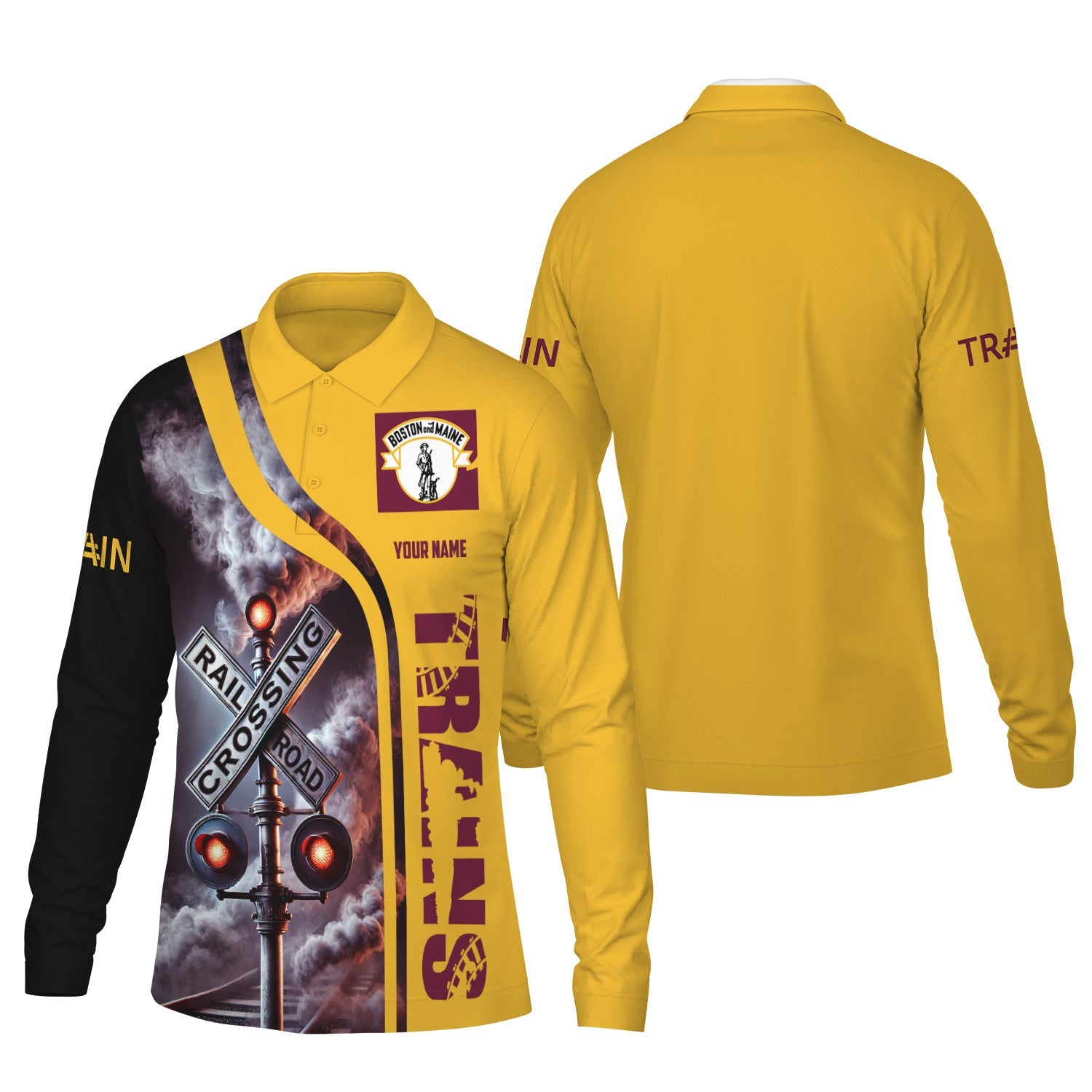 Railspirit Custom Name Boston and Maine Railroad Long Sleeve Polo Shirt Railroad Crossing Sign Printed Shirt