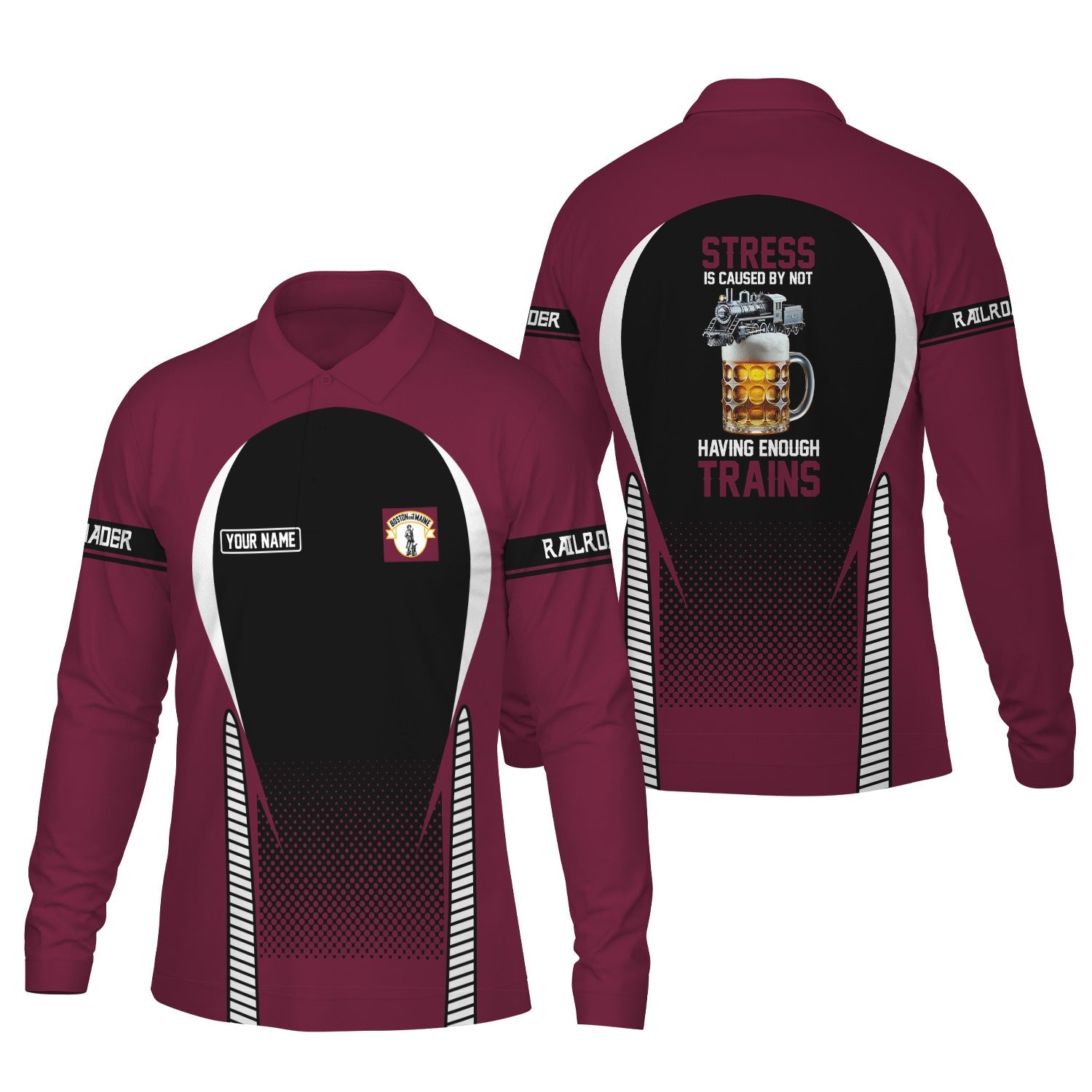 Railspirit Personalized Boston and Maine Railroad Long Sleeve Polo Shirt Train Long Sleeve Polo Shirt Gift Idea For Train Lover