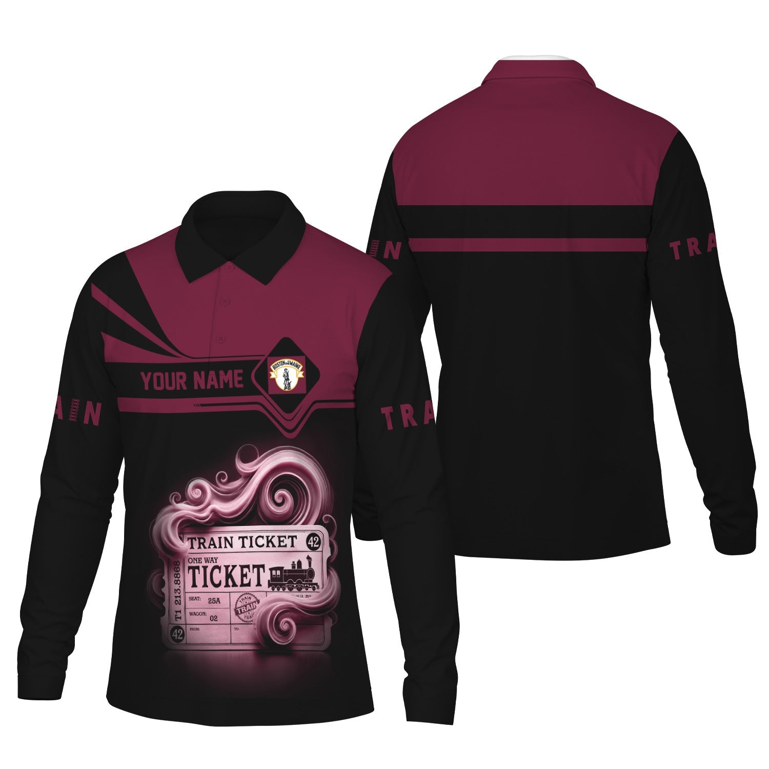Railspirit Custom Name Boston and Maine Railroad Long Sleeve Polo Shirt Train Ticket Printed Shirt