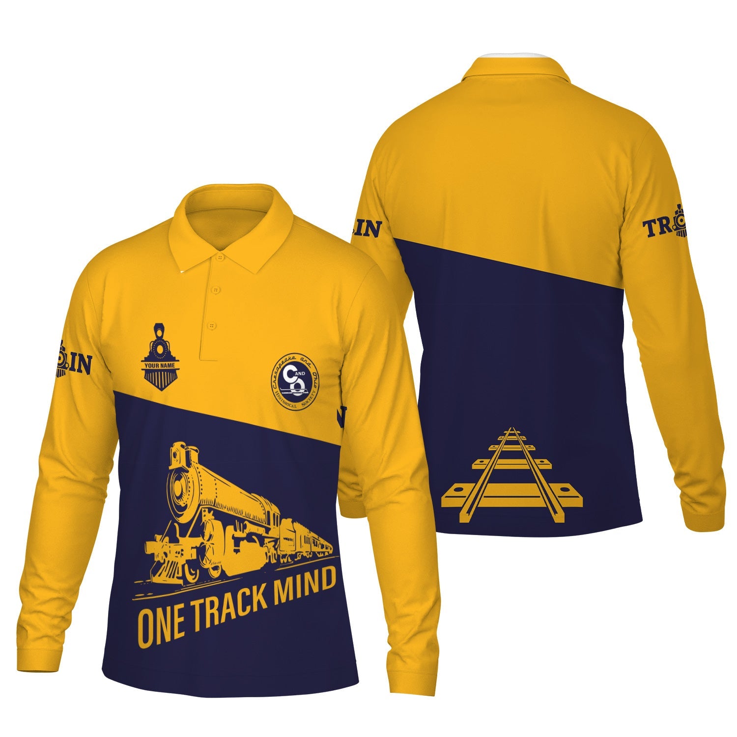 Railspirit Custom Name Chesapeake and Ohio Railway Long Sleeve Polo Shirt One Track Mind C&O Printed Shirt