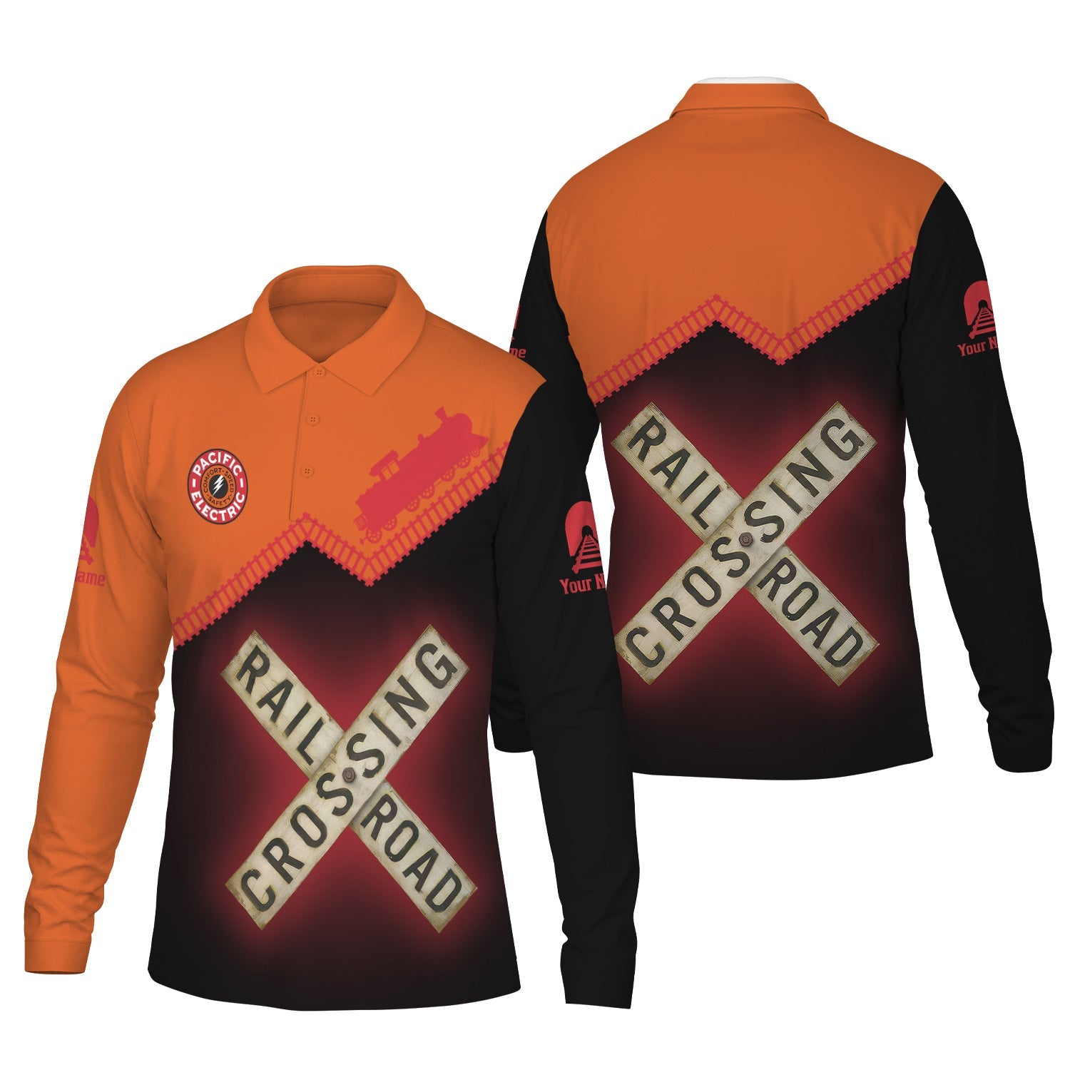 Railspirit Custom Name Pacific Electric Railroad Long Sleeve Polo Shirt Railroad Crossing Printed Train Track Shirt