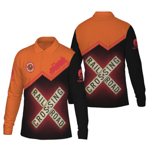 Railspirit Custom Name Pacific Electric Railroad Long Sleeve Polo Shirt Railroad Crossing Printed Train Track Shirt