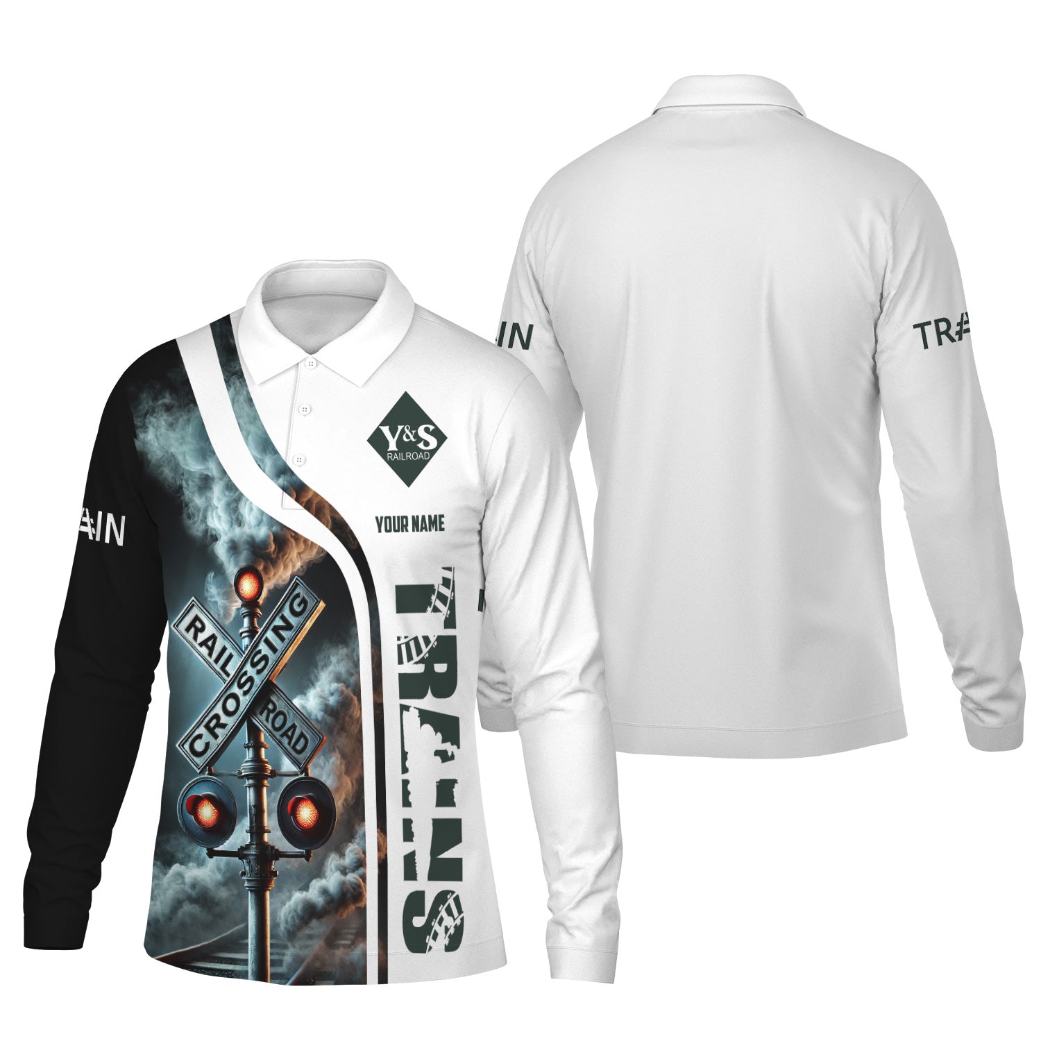 Railspirit Custom Name Youngstown & Southern Railroad Long Sleeve Polo Shirt Railroad Crossing Sign Printed Shirt