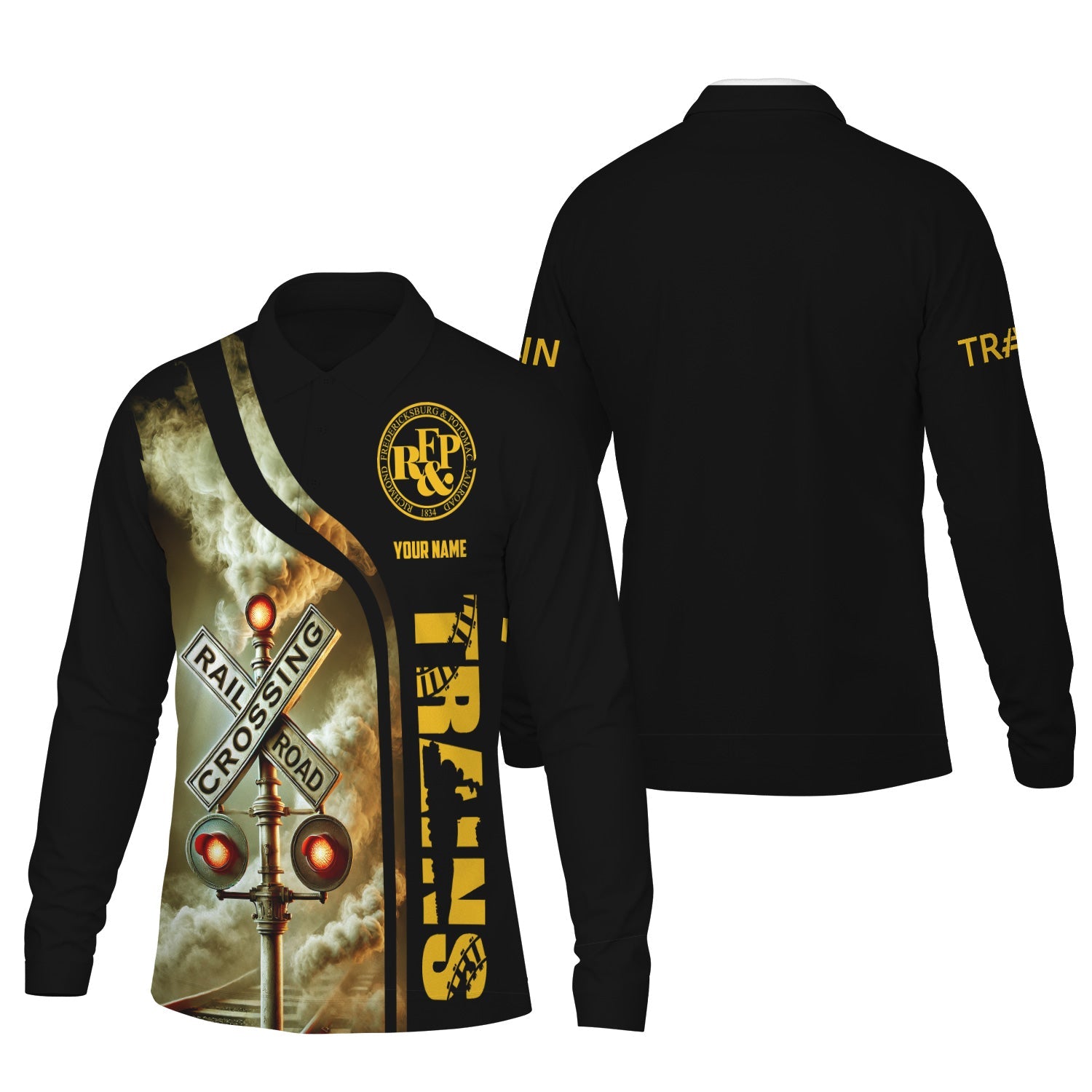 Railspirit Custom Name Richmond, Fredericksburg And Potomac Railroad Long Sleeve Polo Shirt Railroad Crossing Sign Printed Shirt