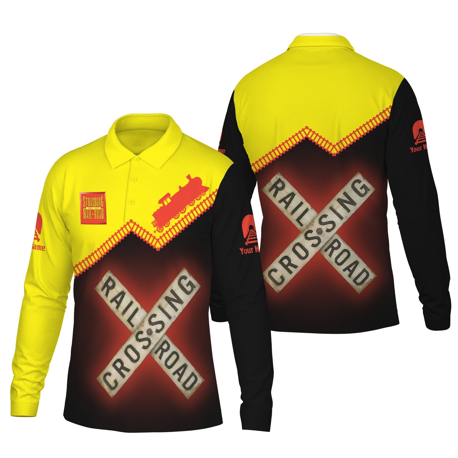 Railspirit Custom Name Strasburg Railroad Long Sleeve Polo Shirt Railroad Crossing Printed Train Track Shirt